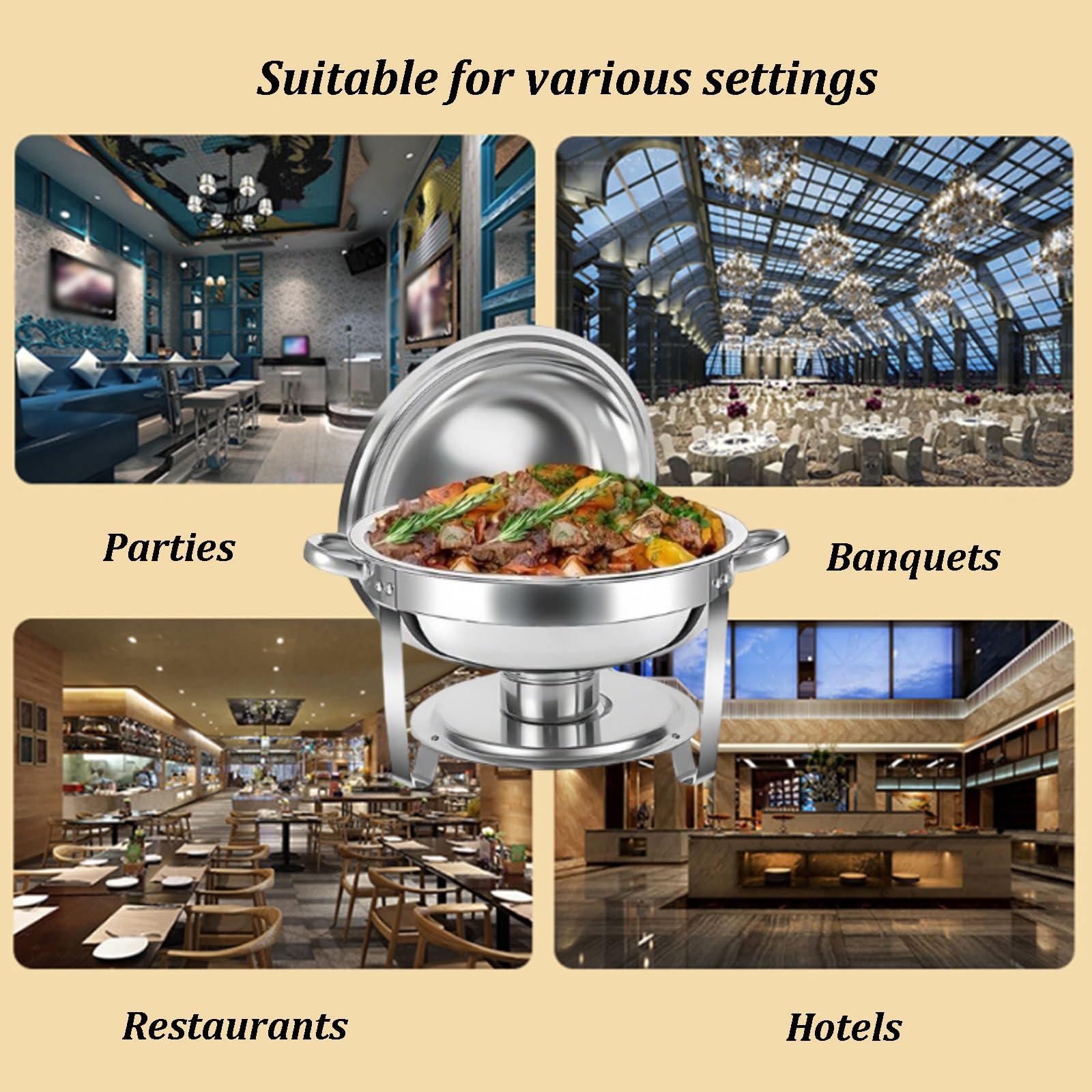 Juego de platos de roce, calentadores de buffet de acero inoxidable con sartenes para alimentos y agua, tapas, soportes de combustible, servidores redondos para fiestas, bodas, cenas, solución