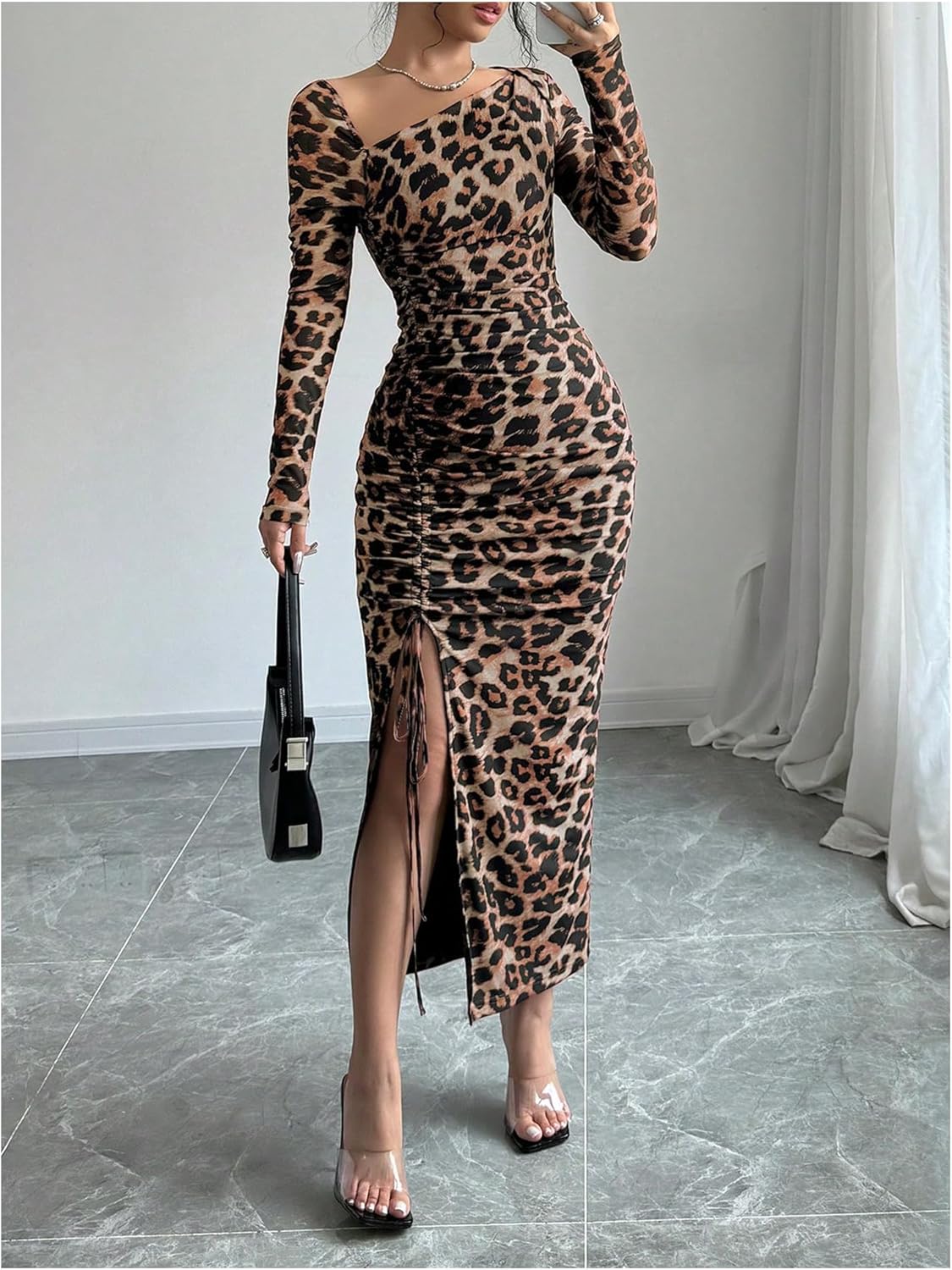 GORGLITTER Women's Maxi Leopard Long Sleeve Birthday Dress Wedding Guest Ruched Holiday Night Out Split Dresses - Image 3