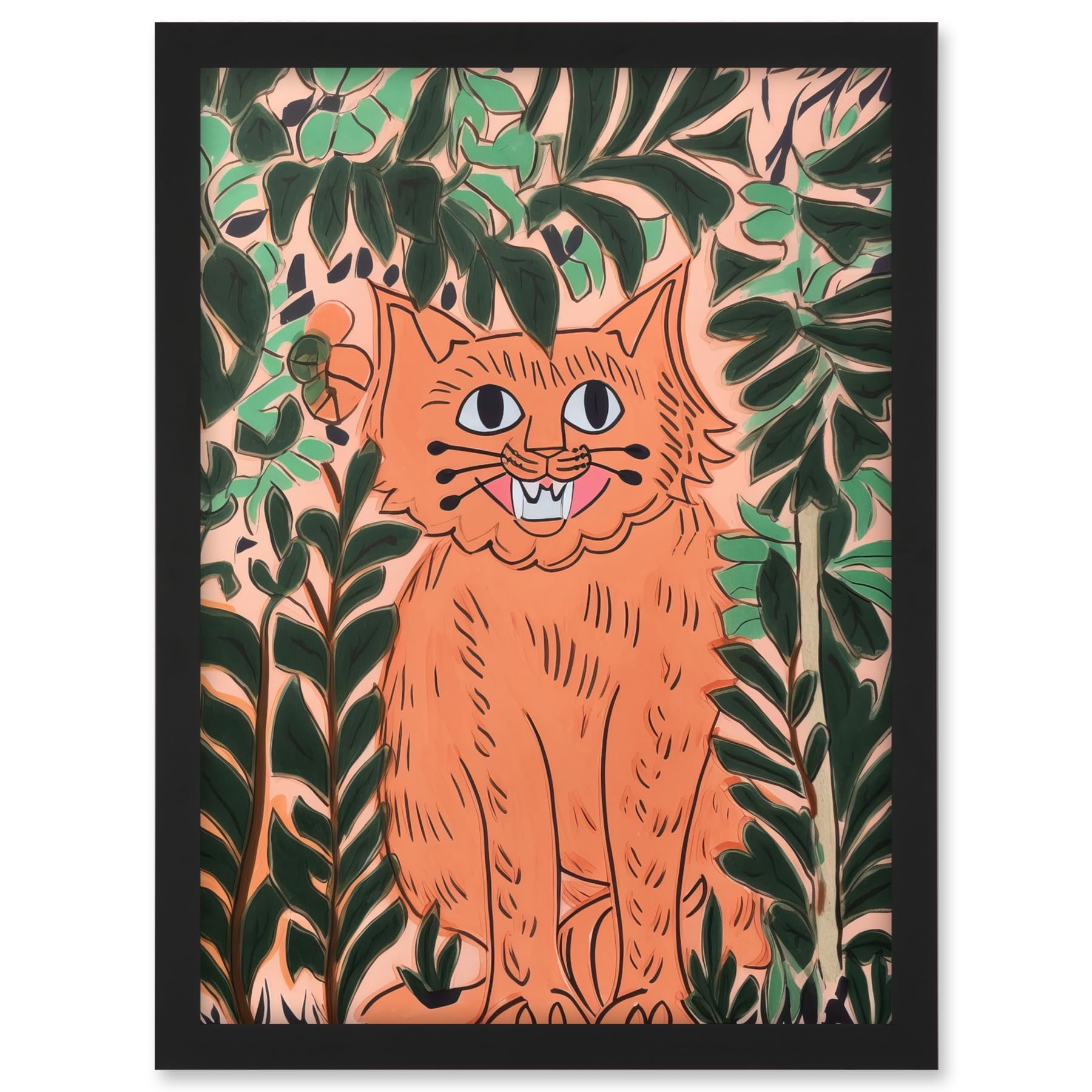 Artery8 Ginger Orange Tabby Cat in Plants Modern Folk Art Artwork Framed A3 Wall Art Print