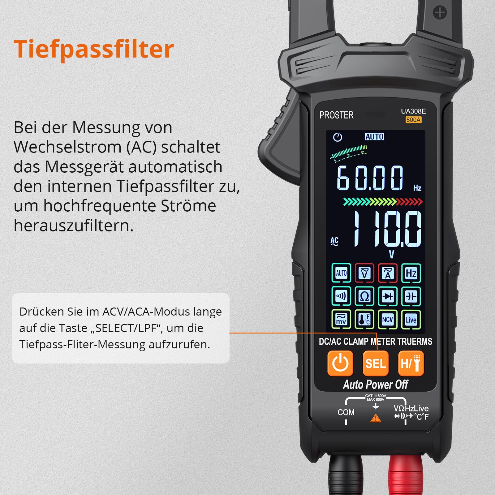 Proster Stromzange 6000 Zählungen Auto Range 800A AC/DC Strom 600V AC/DC Spannung NCV Stromführende Leitung Widerstand Diode Temperatur Kontinuität mit Aufbewahrungstasche Messleitungen