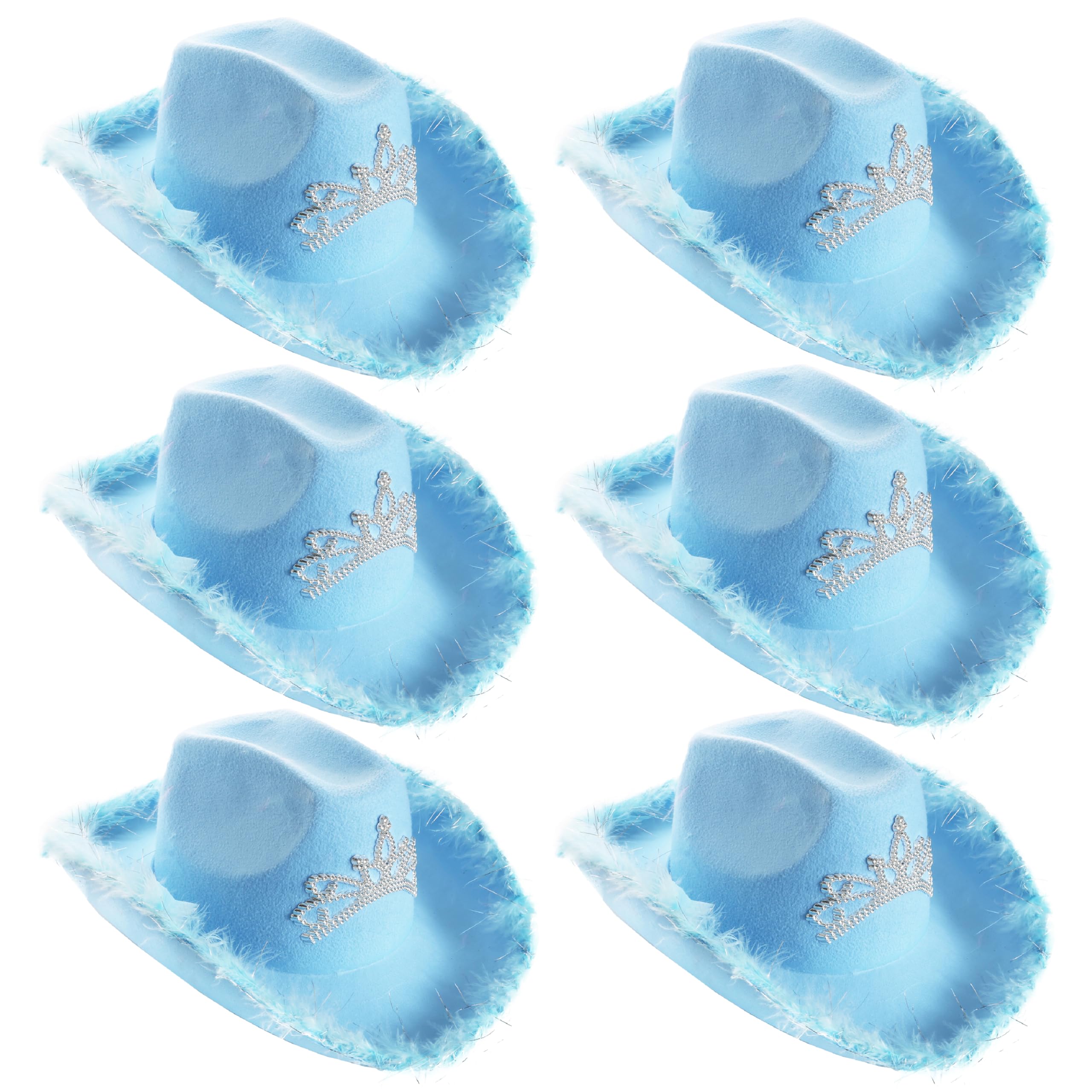 Blue Tiara Cowgirl Hats - Pack of 6 - Blue Cowgirl Hat with Tiara Decoration and Marabou Trim - Adults Festival Music Fancy Dress Accessory
