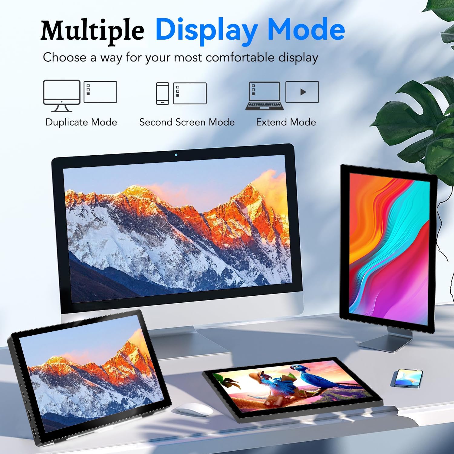 Illustration of multiple display modes: Duplicate, Second Screen, and Extend