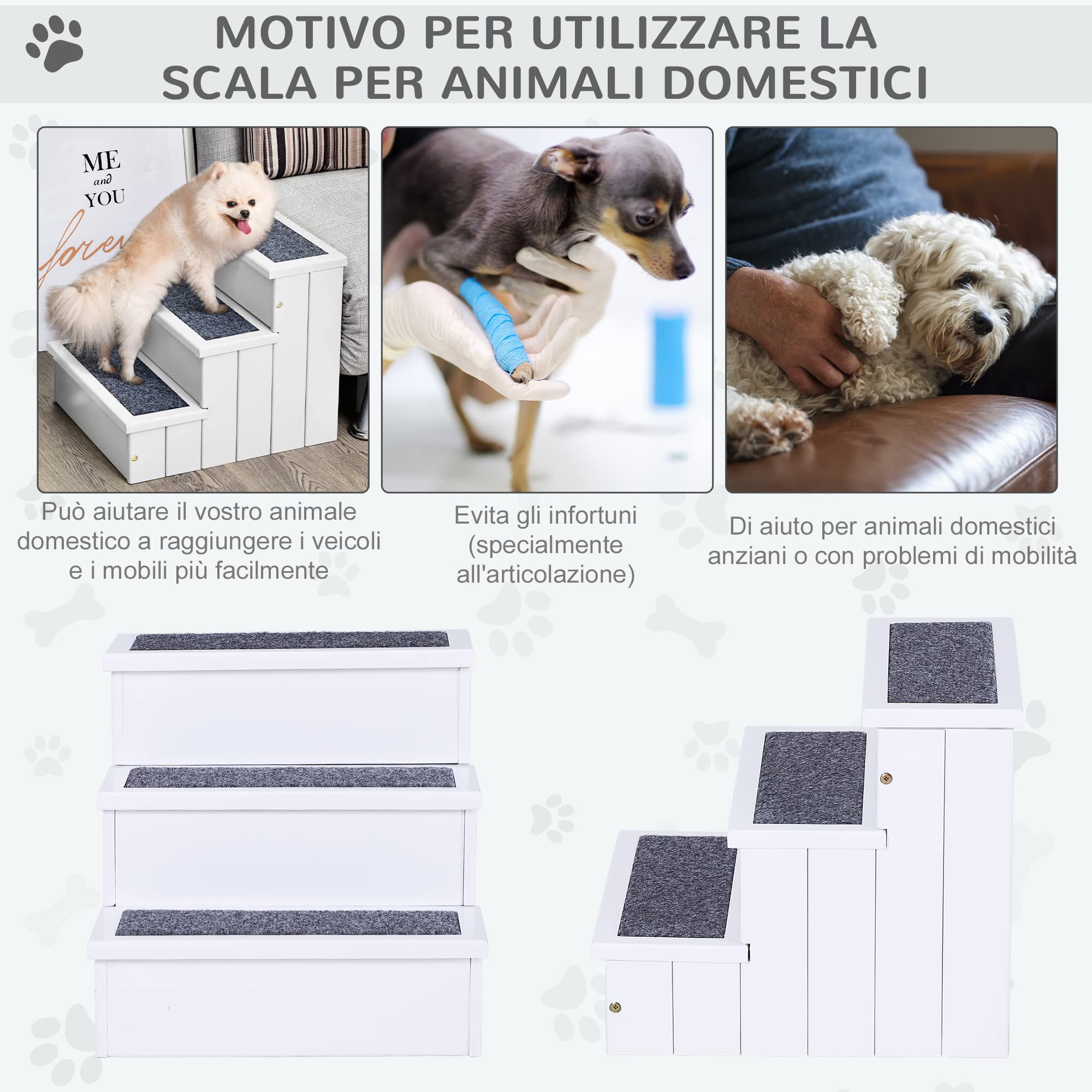 PawHut Scaletta per Cani 3 Gradini con Tappetino Antiscivolo e Spazio Interno per Riporre, 40.5x44.5x38cm, Grigio