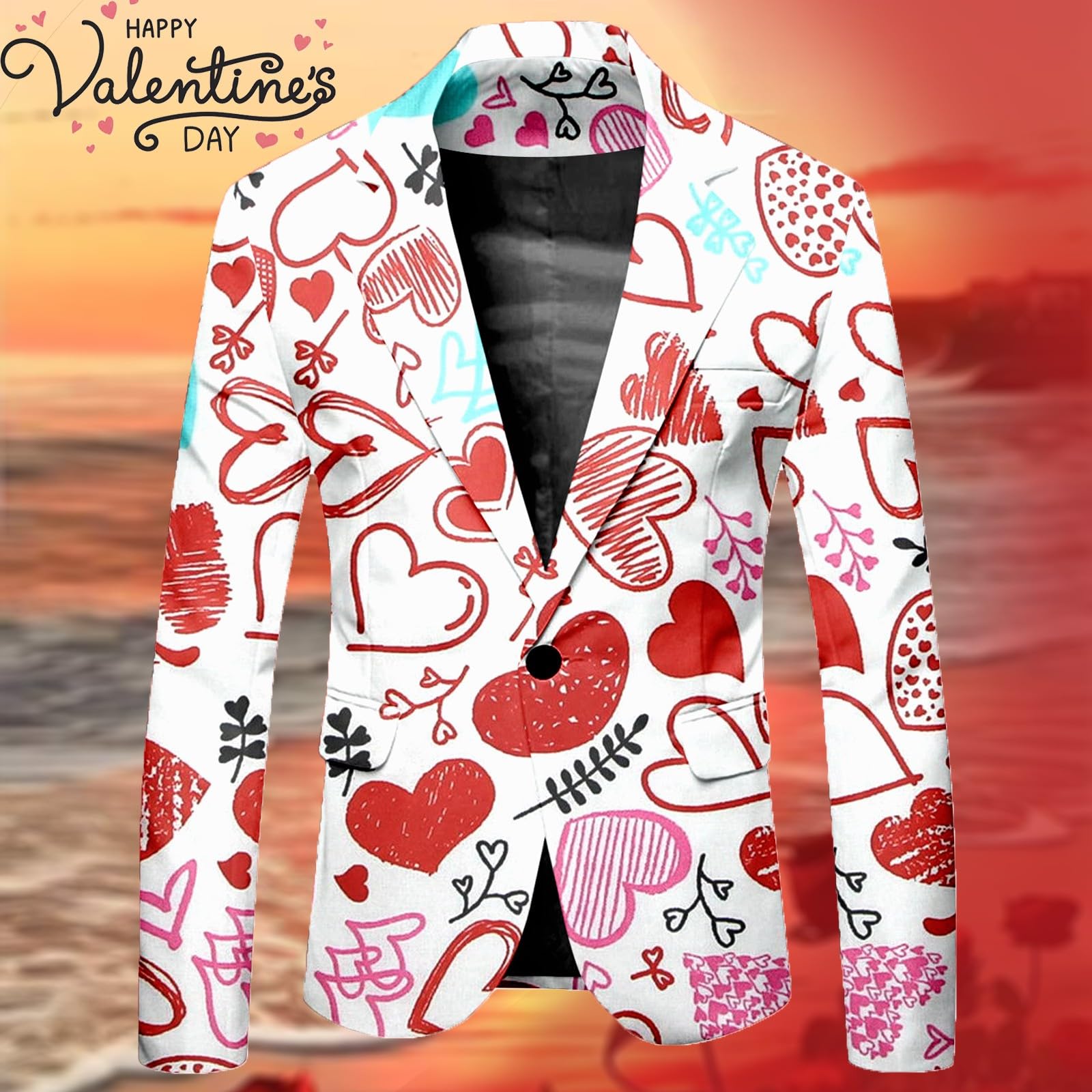 Costume pour homme avec imprimé cœur, veste de costume pour homme, coupe droite, veste hippie, blazer pour mariage, fête, carnaval, bal de fin d'année, veste de smoking festive