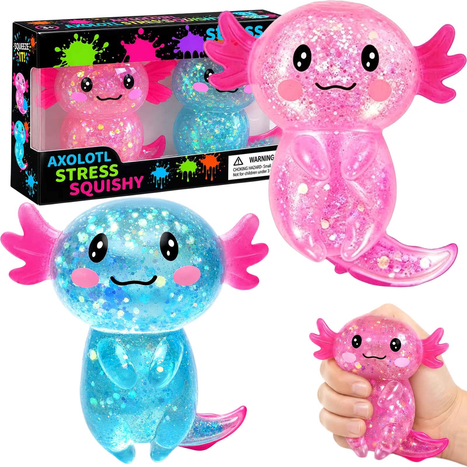 2PCS Axolotl Squishy Stress Relief Toy,Glitter Fidget Squishy Toys,Cute Axolotls Squeeze Toys, Fidget Toys for Adults,Party Favors (Blue+Pink Axolotl)