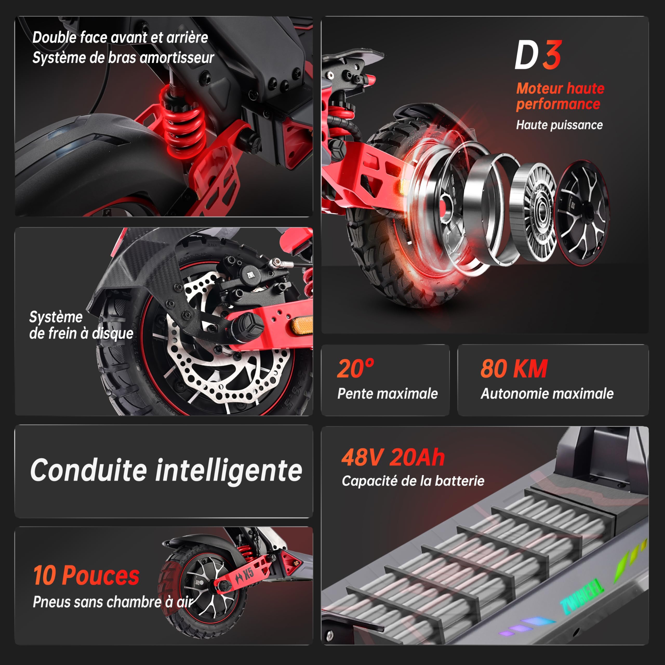 D3Patinete Eléctrico para Adultos,Neumáticos Confort de 10 Pulgadas, Sistema de Batería 48V para Gran Autonomía, Scooter Plegable Sport con Doble Suspensión y Chasis Robusto