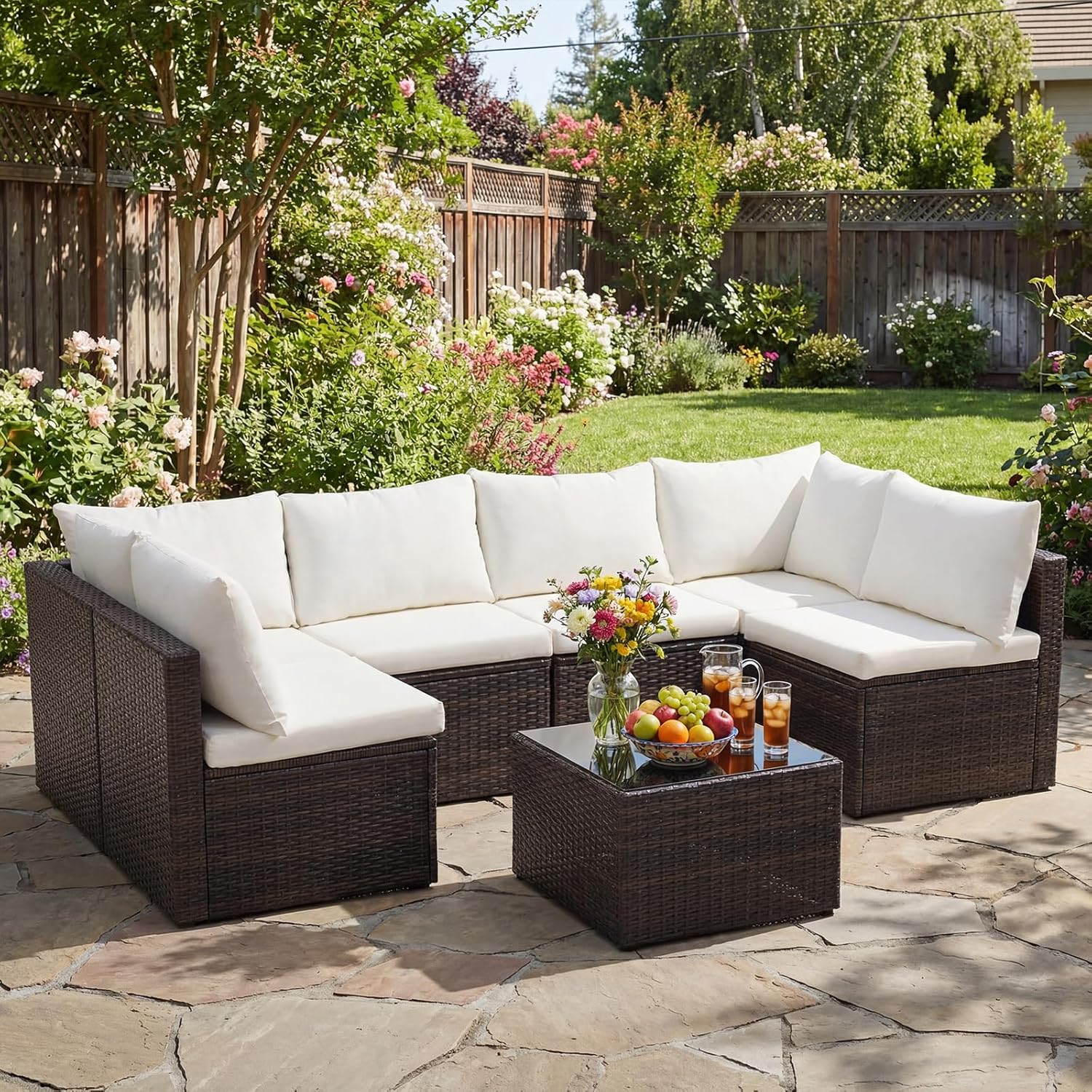 NEWBULIG 7-Piece Outdoor Patio Sectional Sofa, Weather-Resistant Modular Wicker Rattan Furniture Set with 2.8" Cushions, Tempered Glass Table & Adjustable Feet for Deck, Backyard, Poolside Brown