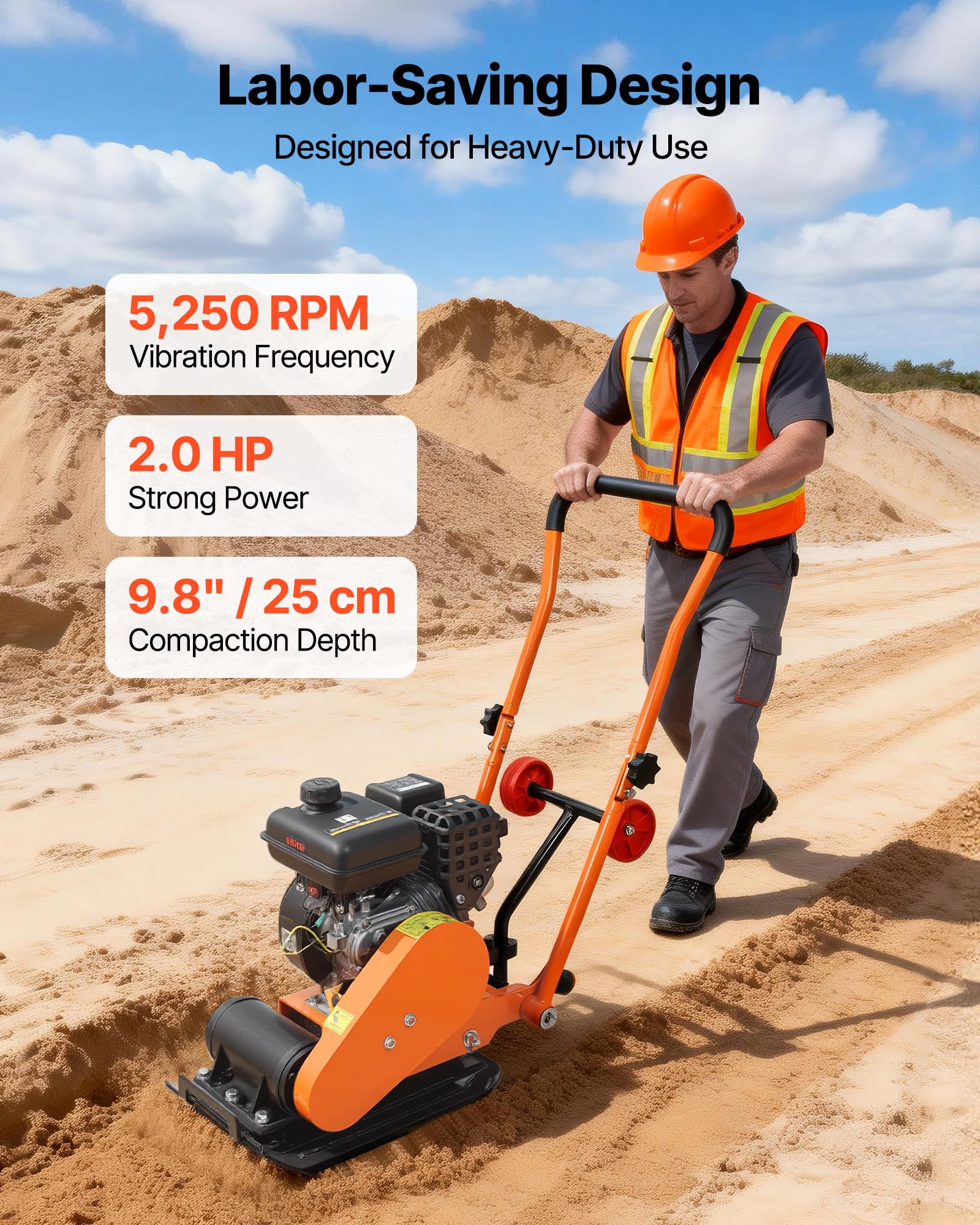 VEVOR Plaque Vibrante Thermique 8 kN Compacteur à Plaque Vibrante Essence 2 hp pour Pavages, Aménagement Paysager, Asphalte, Fondations, Compactages de Sol, 5250 VPM, Zone de Compactage 41x31,5 cm
