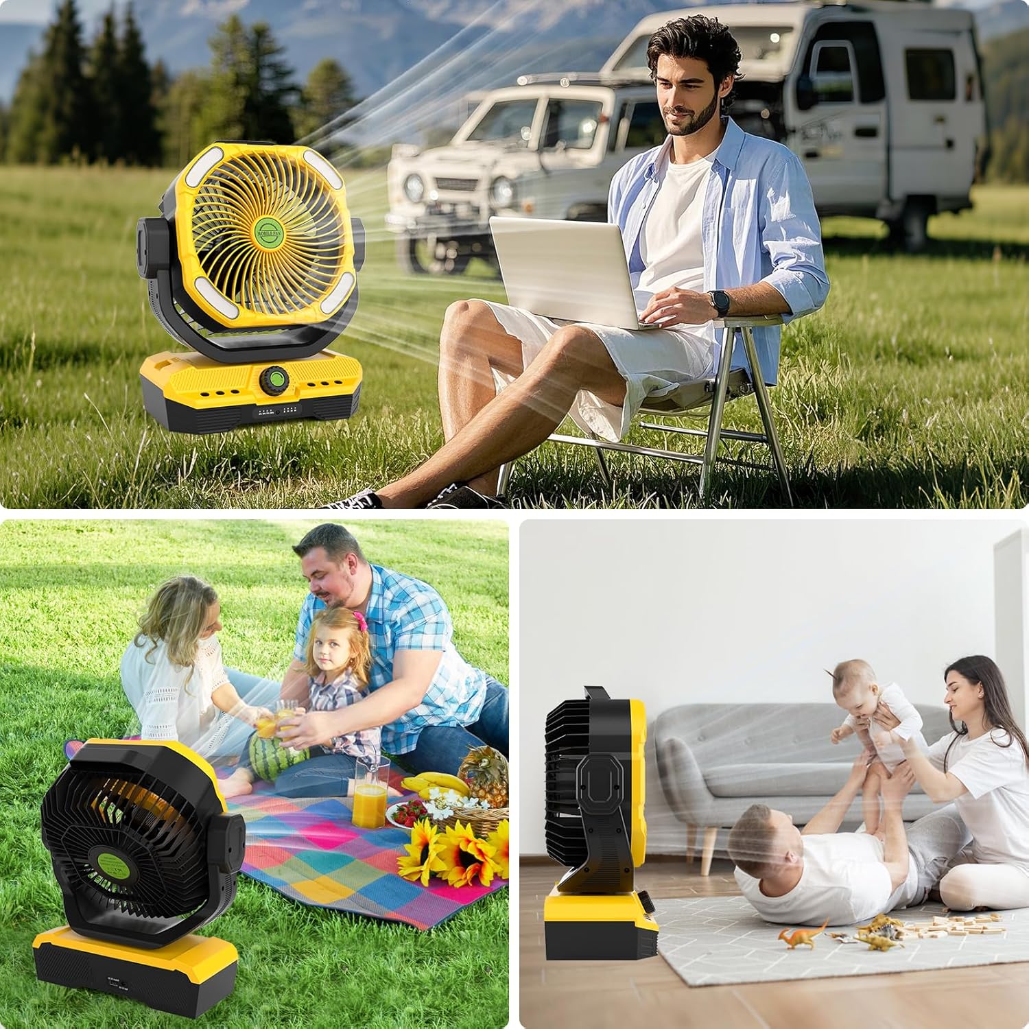 RUNTOP 45000mAh Large Battery Operated Fan, High Speed Oscillating Camping Fan with Remote,Quiet Adjustable Tilt Rechargeable Fans, Battery Powered fansfor Tent Home Office, Bedroom Travel (Yellow)