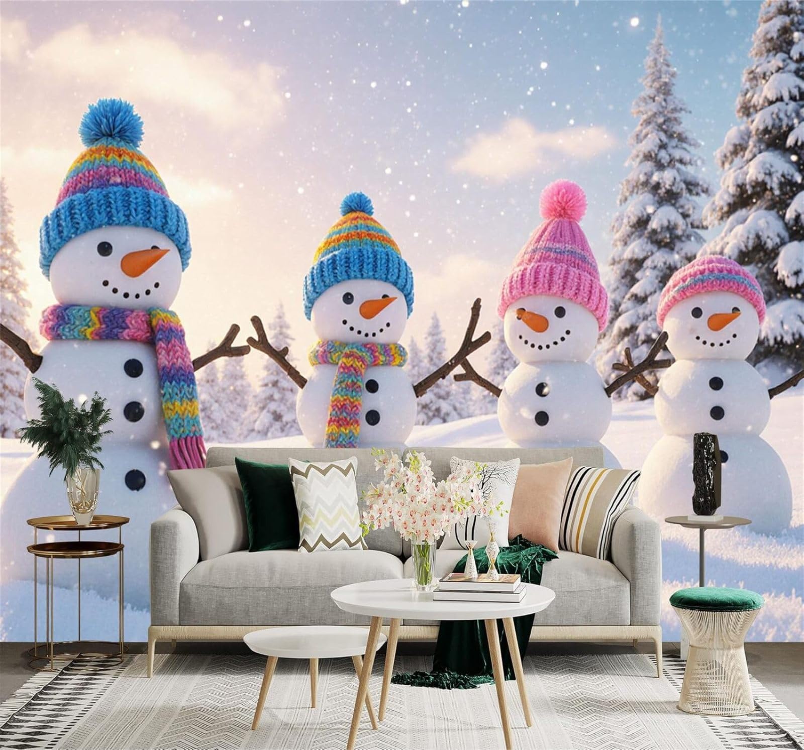 Xlming 400Cm×280Cm(B×H) Cute Snowman Colourful Hat Pine Tree Winter Snowy Landscape 3D Wallpaper Silky Texture Home Study Office Grey Dining Room Sofa Bedroom Living Room Tv Backdrop-400Cm×280Cm