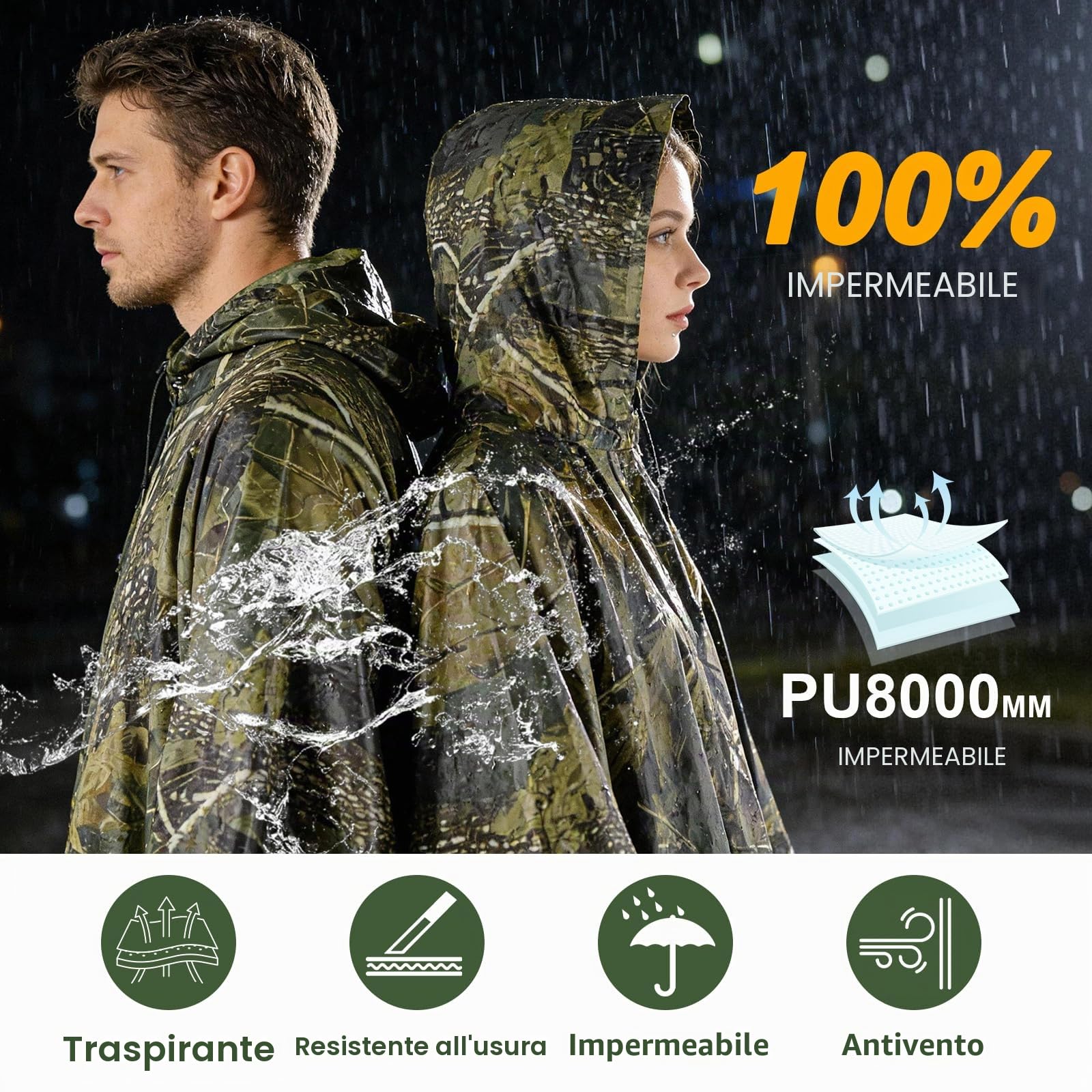 Poncho Impermeabile con Cappuccio, Mantella Antipioggia Impermeabile Uomo Donna, Poncho Antipioggia 3-in-1 Multifunzionale Riutilizzabile