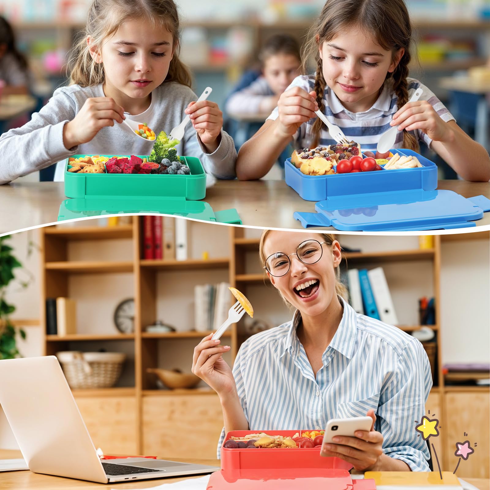 3 Pack Bento Box Adult Lunch Box, 45 oz Leakproof Lunch Containers for Adults/Kids/Students, 6 Compartments Bento Lunch Box with Spoon & Fork, BPA-Free, Microwave & Dishwasher Safe (Green, Red, Blue) - Image 6