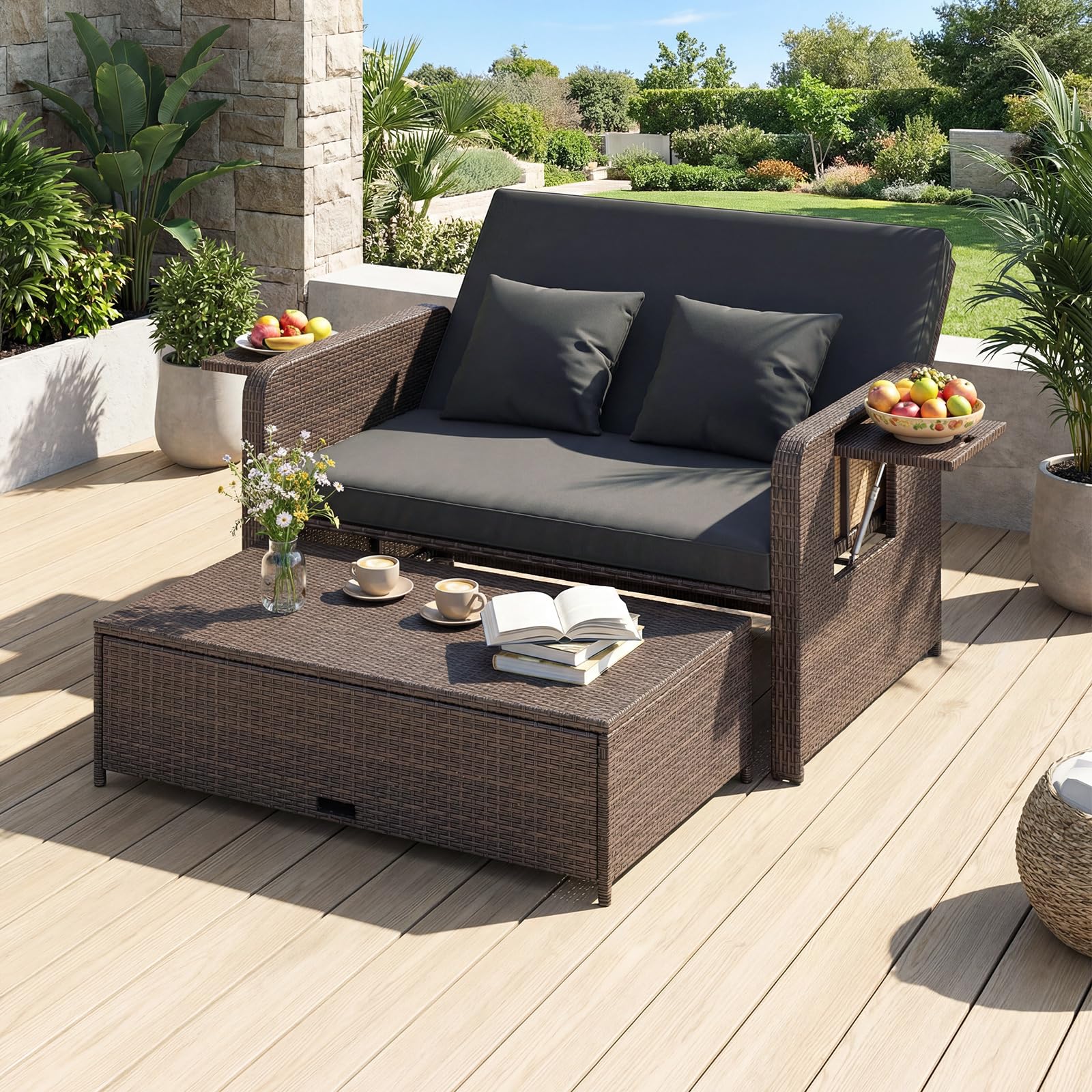 GIANTEX Sofá de Jardín 2 Plazas con Taburete Reposapiés, Muebles Ratán 2 Piezas con Cojines, Mesas Plegables, Respaldo Ajustable en 4 Niveles, Sofá Cama Exterior para Patio Terraza (Marrón+Negro) | Tres en un diseño