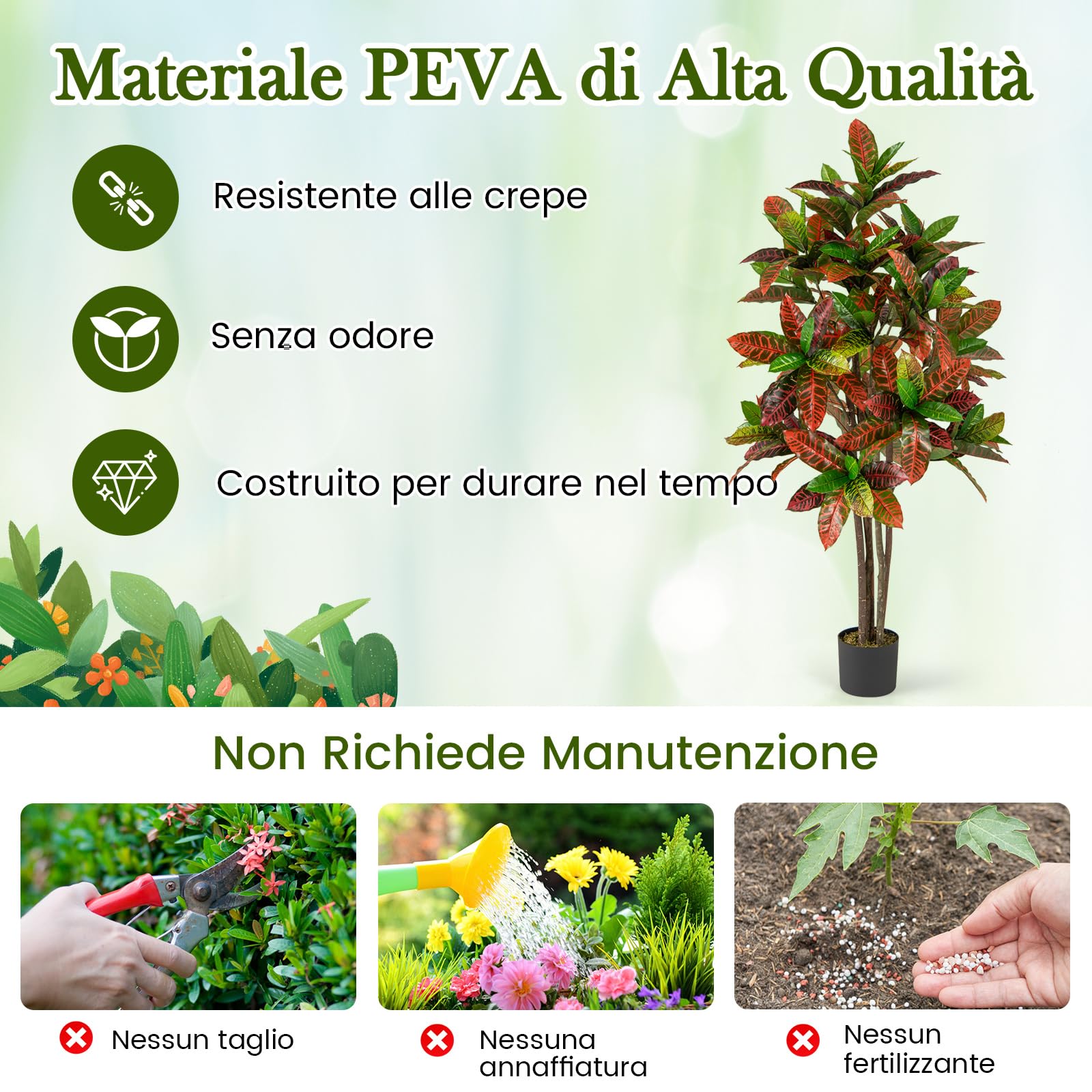 COSTWAY Pianta Finta di Croton 150 cm, Albero Artificiale da Interno ed Esterno, Pianta Tropicale in Vaso con Foglie Sfumate Finte, Ideale per Casa e Ufficio