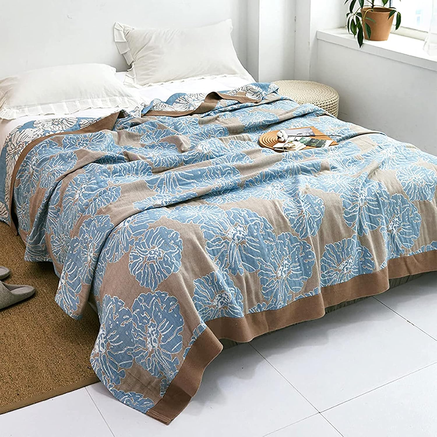 DECMAY Muslin Blankets 5-Layer Cotton Gauze, Lightweight Breathable Warm Cozy Coverlet Throw for Bed Couch Twin Size(Blue 60" X 80")