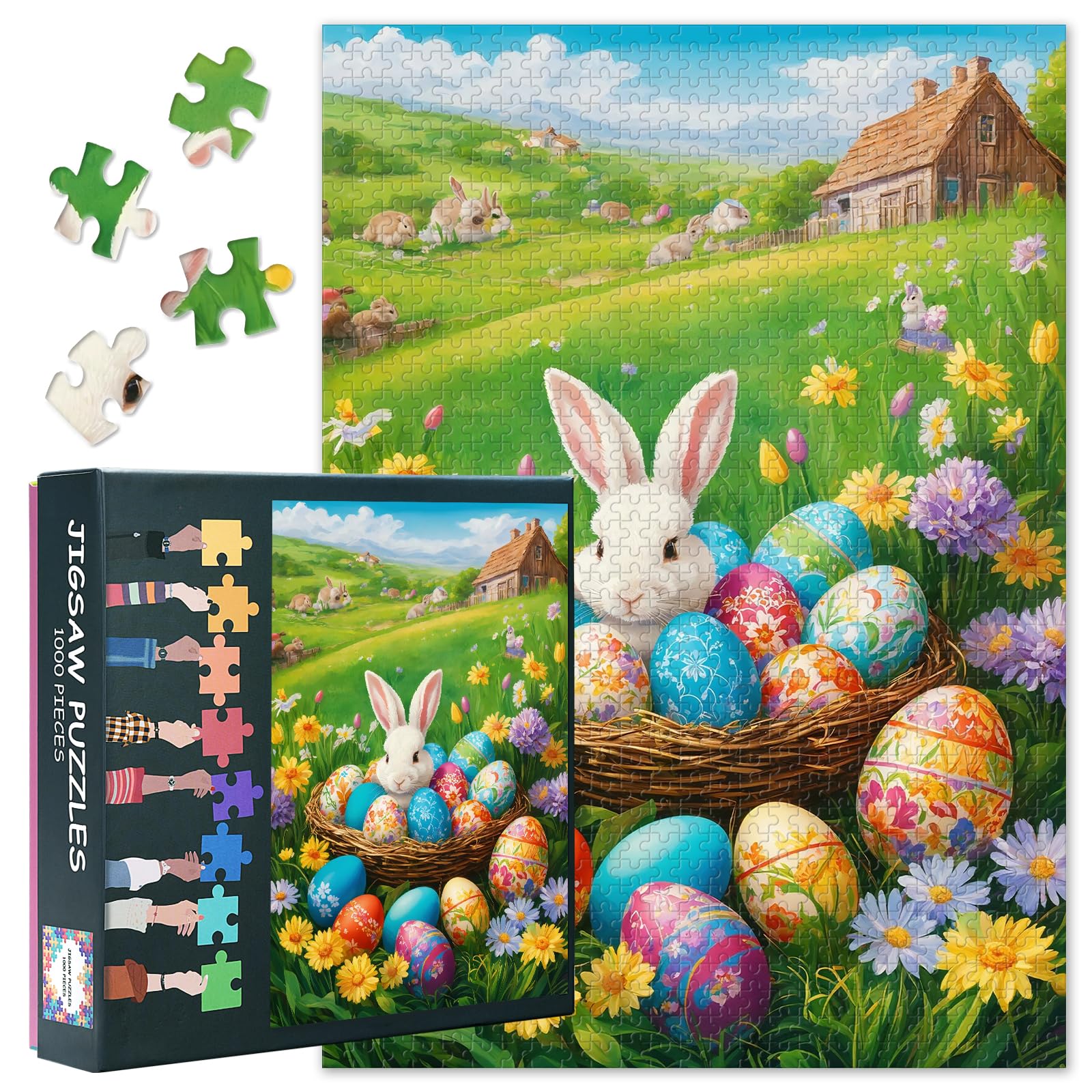 Puzzles for Adults 1000 Pieces, Colorful Easter Eggs and Flowers Jigsaw Puzzles, Happy Easter Adult Puzzle for Adults, Educational Fun Games or Toys for Elders Friends 20X27 INCH