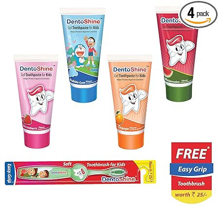 DentoShine Gel Toothpaste for Kids - Assorted Flavors (Strawberry, Bubble Gum, Orange, Watermelon, Pack of 4 (80g Each))