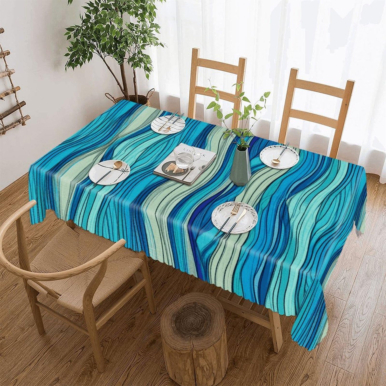 FekiLoot Ocean Stripe Pattern Tablecloths for Rectangle Tables Wipeable Spillproof Polyester Table Cloth Wrinkle Free Farmhouse Dining Tables Cover Elegant Vintage Decor Tablecover