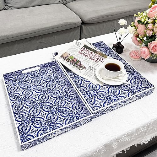 Miniatura 40 de Bandeja decorativa bohemia, moderna bandeja azul para servir con asas, juego de 2 bandejas otomanas, bandeja de plástico para mesa auxiliar