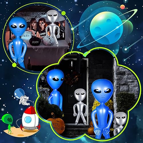 Miniatura 7 de Zhanmai 4 piezas de decoraciones inflables de fiesta de alienígenas de 63 pulgadas y 35 pulgadas para regalos de fiesta de Halloween (plata, azul)