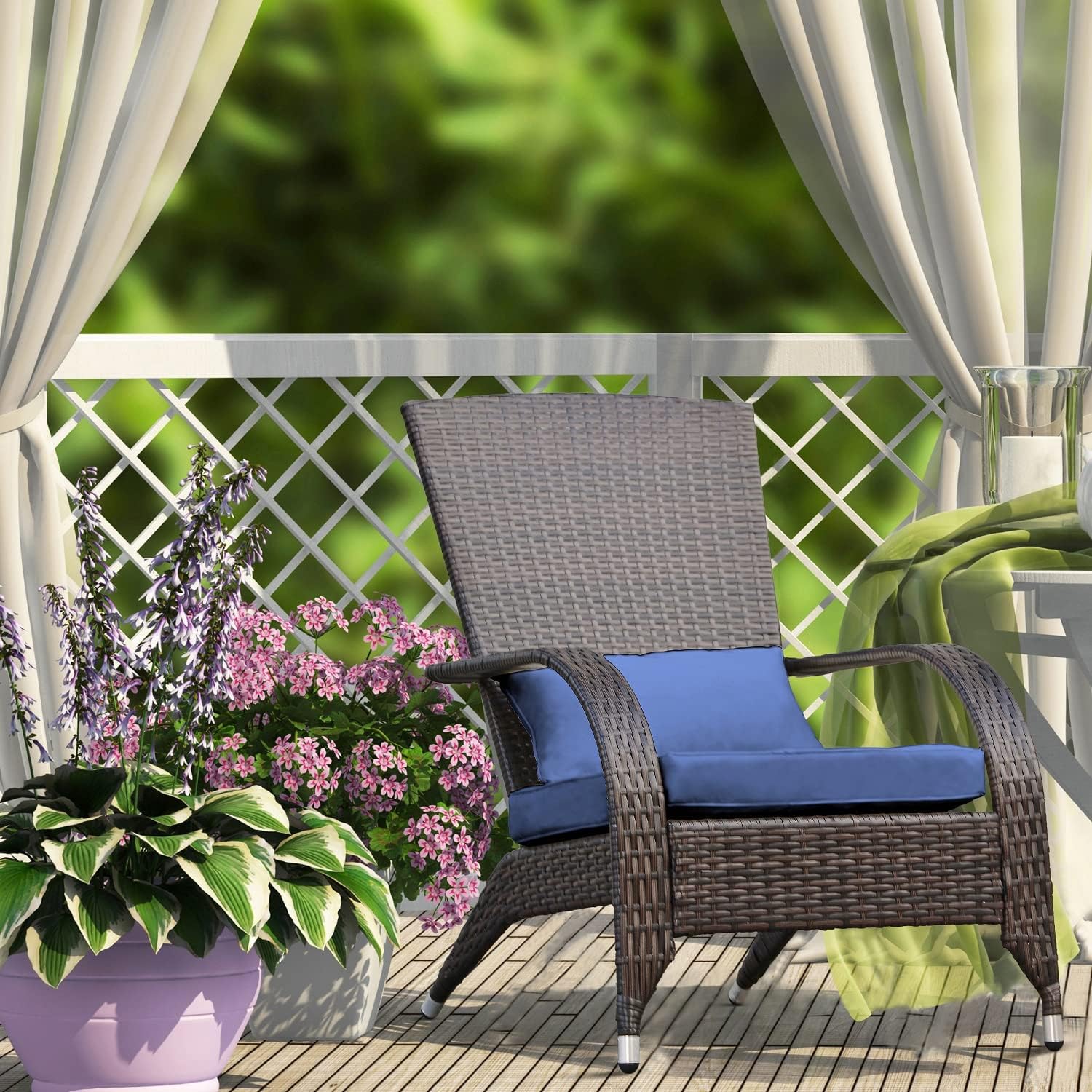 Outdoor Patio Wicker Adirondack Chair Outside Fire Pit Chairs Oversized Comfy Coconino Rattan Armchair Low Deep Seating High Back with Cushion and Pillow for Porch Deck Balcony Lawn Garden Navy Blue