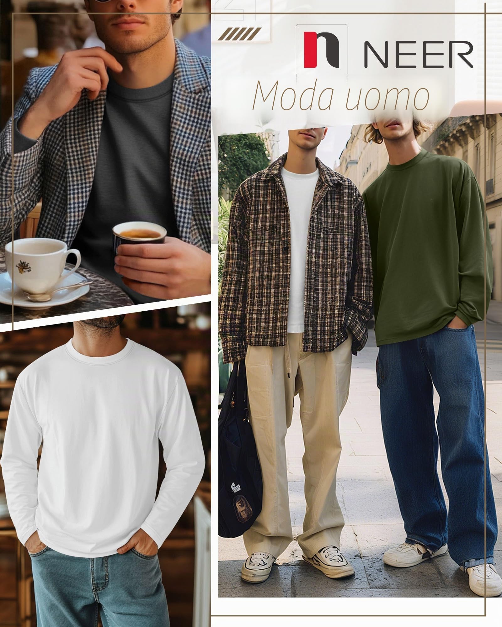 Neer 4 Pacchi di Magliette per Uomini Grandi e Alti, Top Base Casual a Collo Rotondo a Maniche Lunghe in 95% Cotone