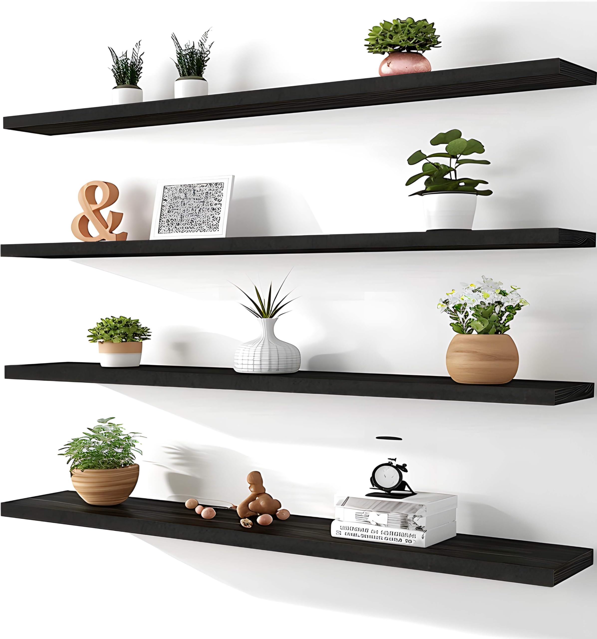 48 Inch Rustic Farmhouse Floating Shelves for Wall Decor Storage Wood Wooden Wall Shelves for Bedroom Bathroom Kitchen Living Room - Black Set of 4
