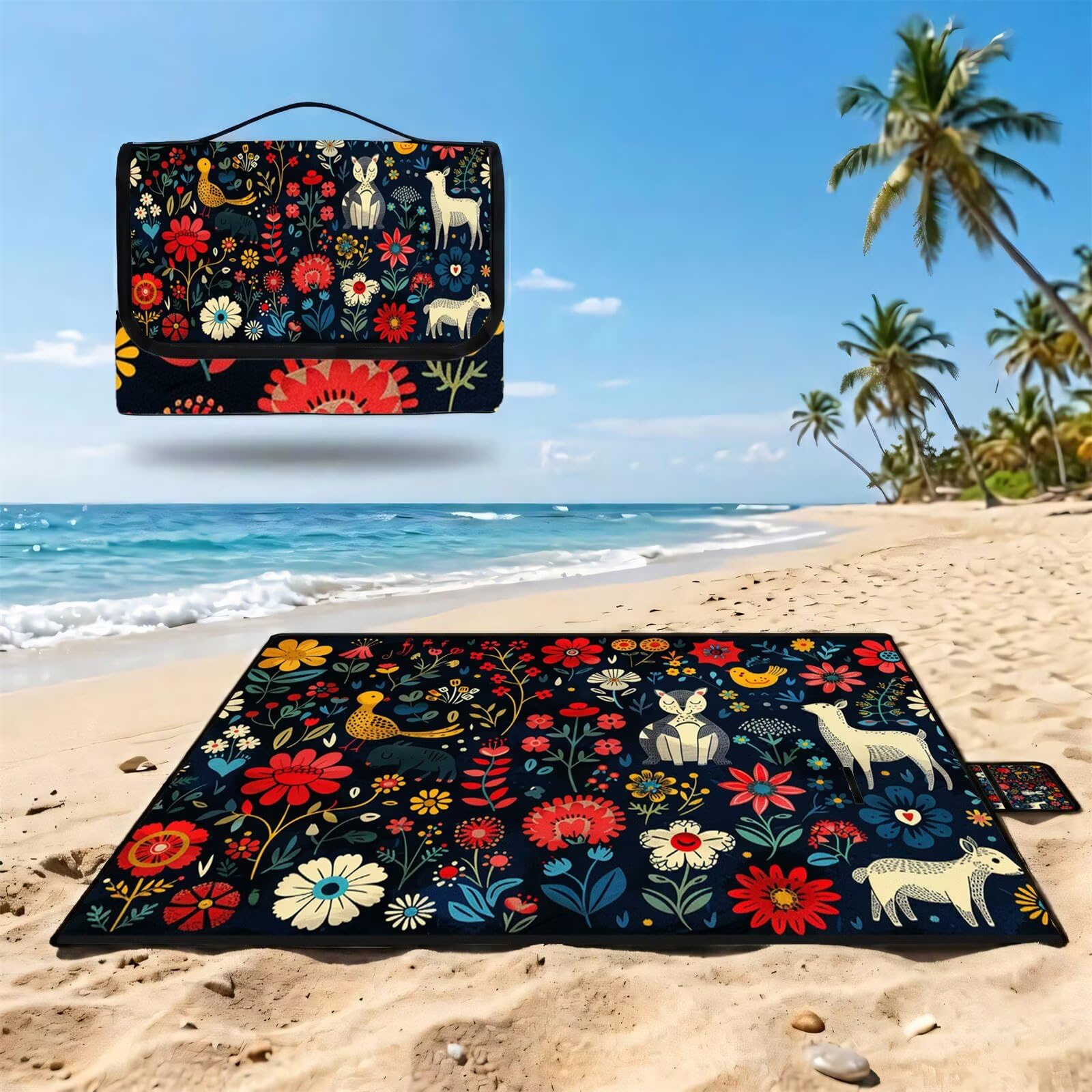 Manta de Picnic 150x200 cm, Alpaca Manta Picnic Impermeable, pájaro Esterilla de Playa Alfombra de Exterior, Picnic Blanket Plegable con Asa para Camping, Jardín, Césped, Playa, Senderismo FZ-36