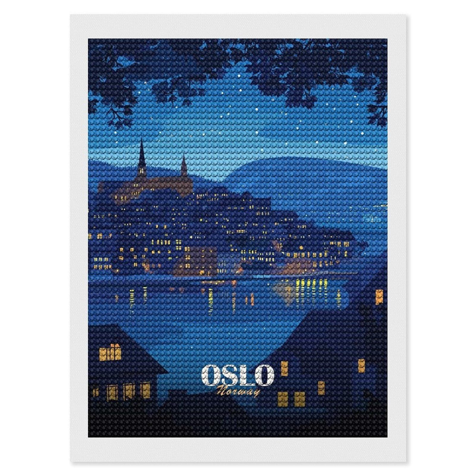 Junmoney Oslo, Norway Night Cityscape Illustration Diamond Painting Canvas Set 12"x16", for Adults, Decorate Your Room, Festive Craft Gift, Office Decor