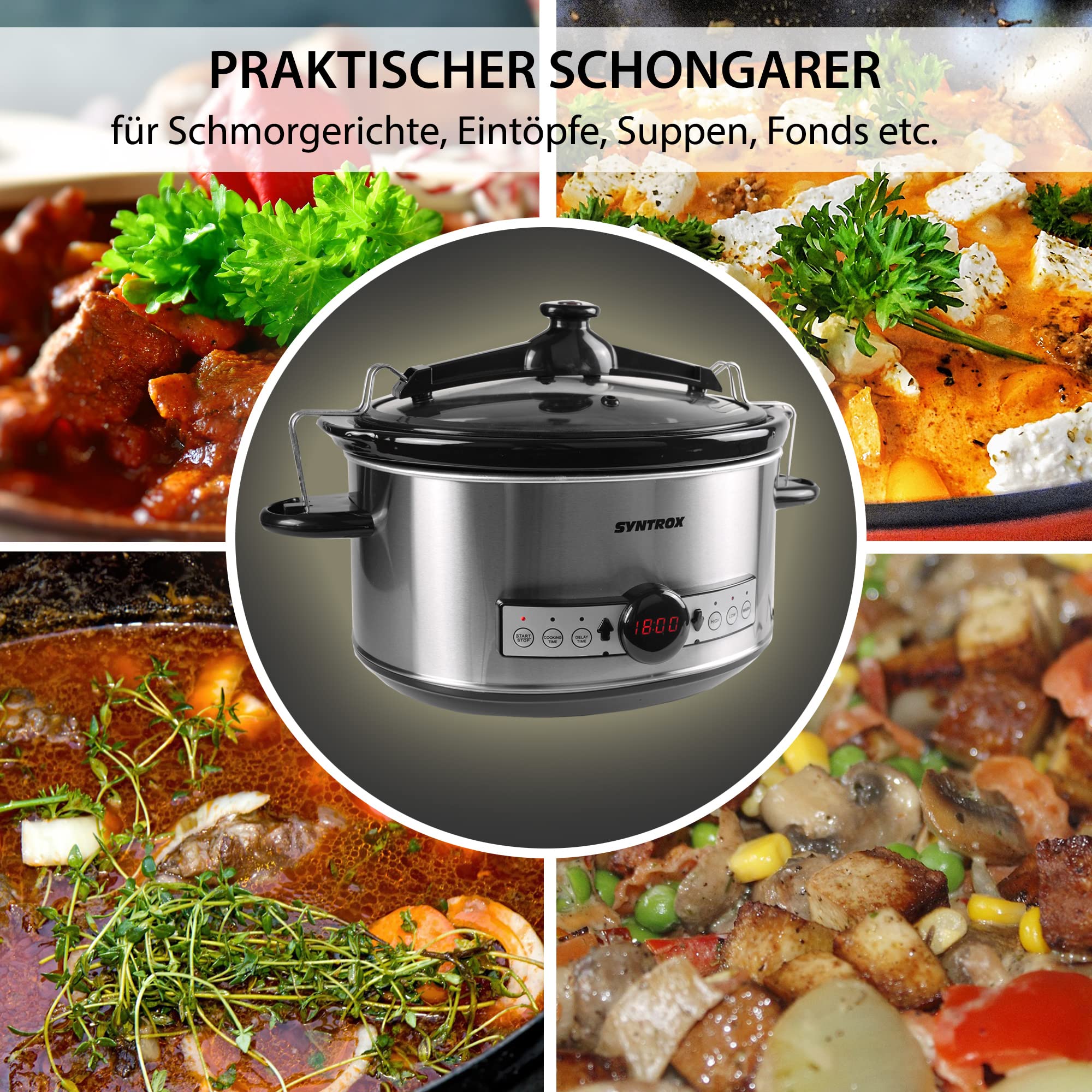 Syntrox Germany Slow Cooker Schongarer 6,5L mit Timer und Warmhaltefunktion - Leistung 320 Watt
