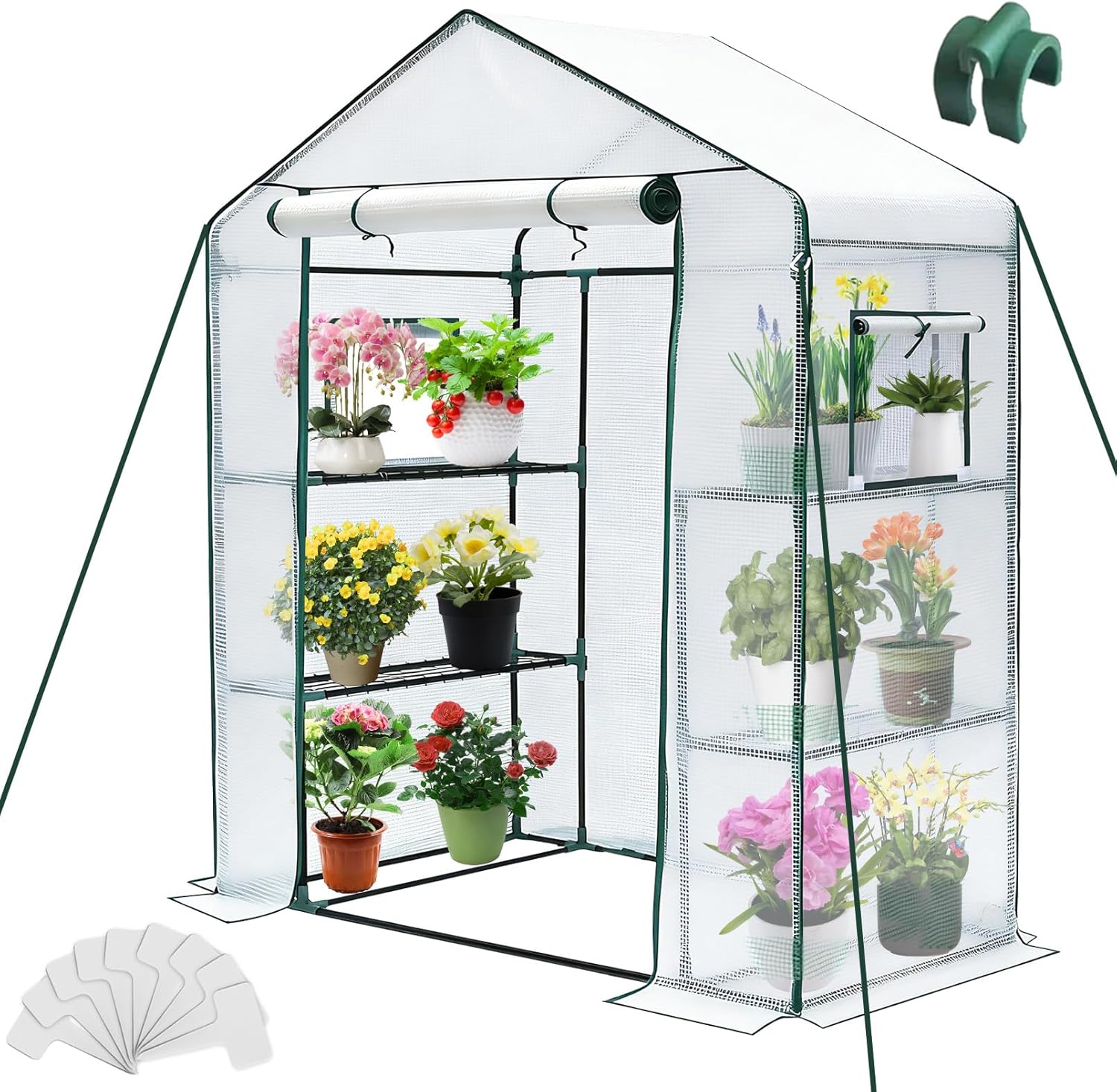 Greengro Greenhouse, 28 x 57 x 76'' Greenhouses for Outdoors, Small Green House with Screen Windows, 3 Tiers 4 Shelves, Durable PE Cover, Plastic Portable Walk in Greenhouses for Outside Indoor, White