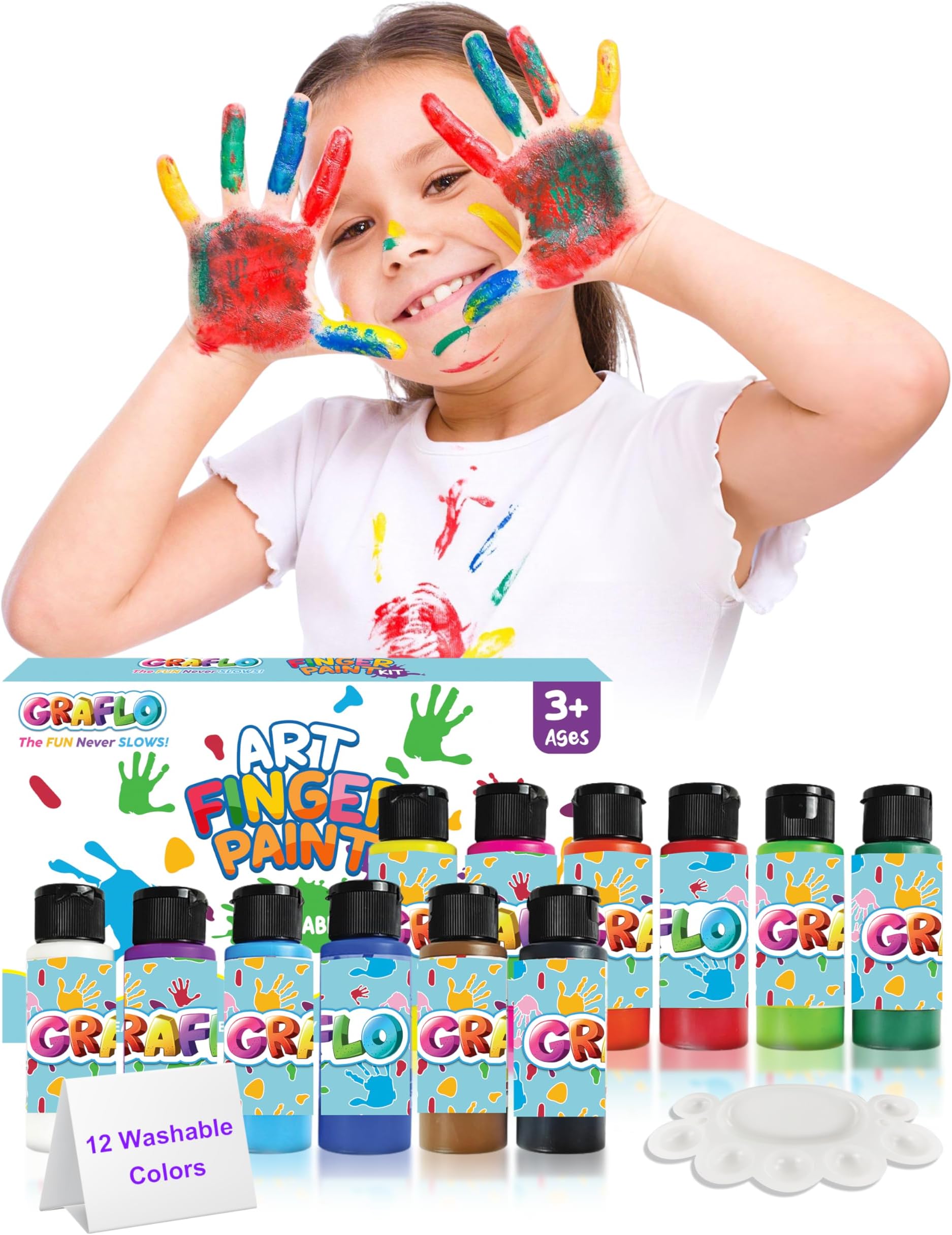 Washable Finger Paint for Toddlers, Safe Non-Toxic, 12 Vibrant Colors, Baby Safe Paint for Hands and Feet, Mess Free Art Supplies for Kids, Preschool Learning Gifts, for 1-6 Years Old