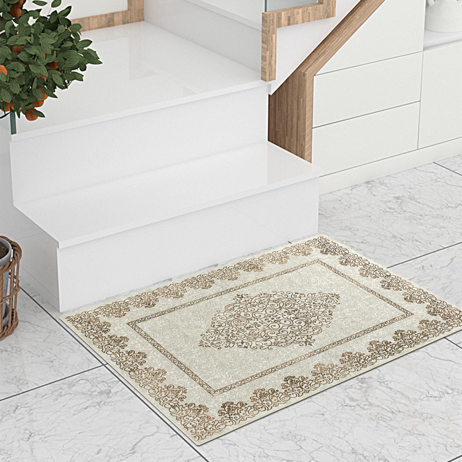 Easy-Going Boho Neutral Area Rug 2x3 Washable Entryway Rugs Front Door Mat Indoor Entrance Non-Slip Floral Brown Small Entry Rug for Living Room