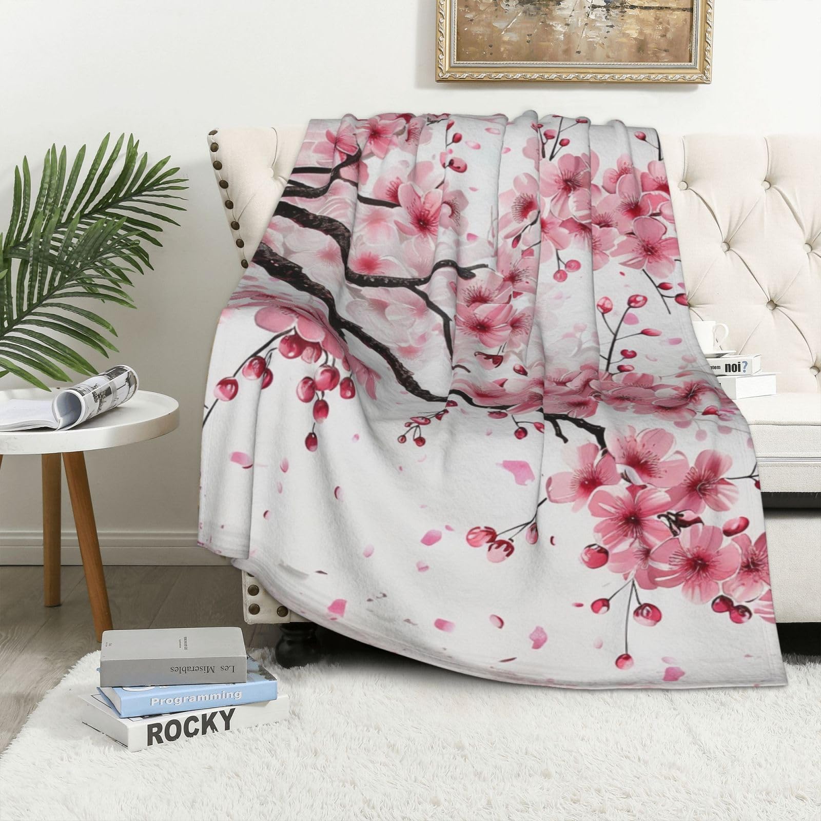 Couverture flanelle fleurs de cerisier légère et chaude 320g pour lit et canapé