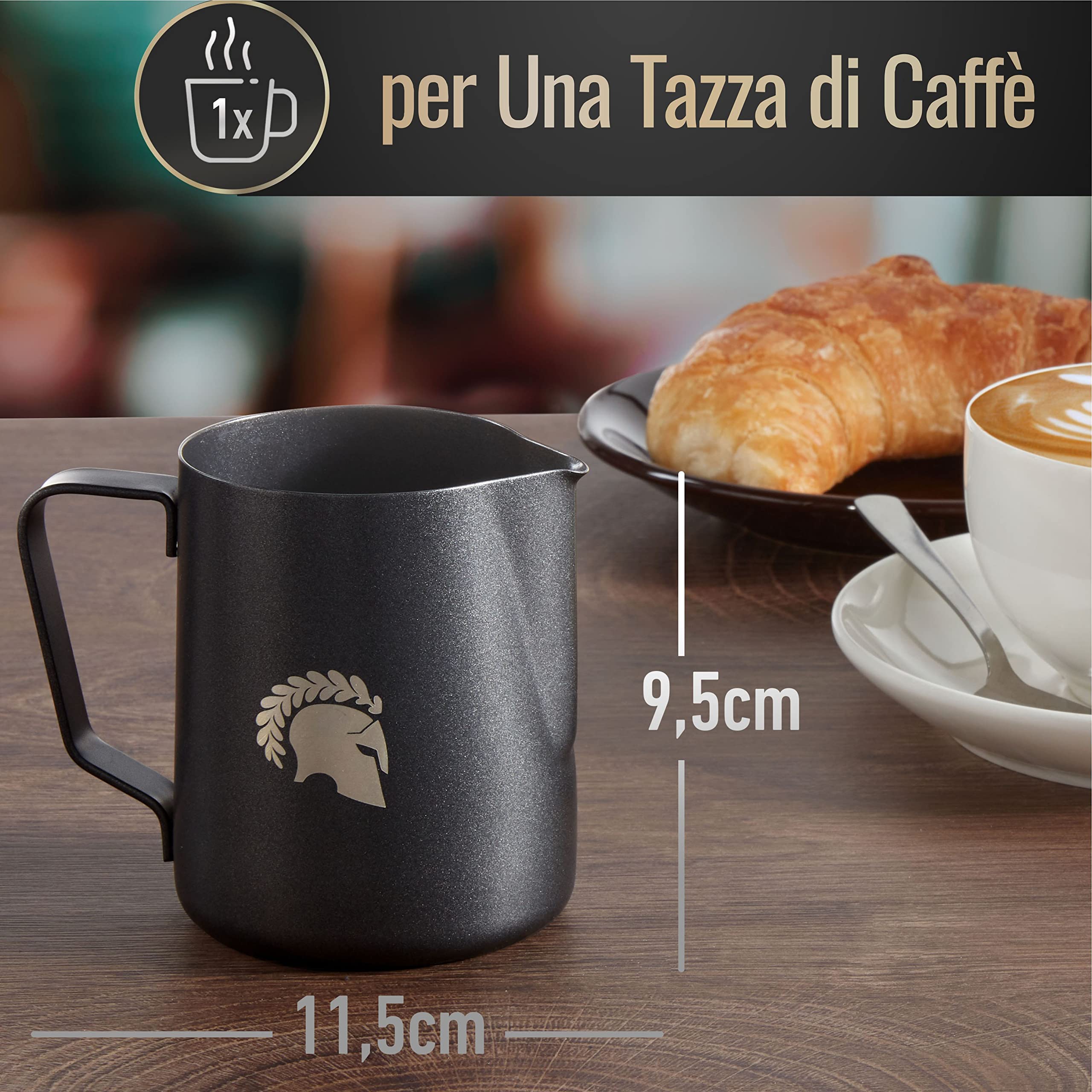 Barista Legends® - Bricco per latte in acciaio inox nero opaco, 350 ml, con beccuccio speciale per una perfetta schiuma di latte, rivestimento in teflon (nero, 350 ml)