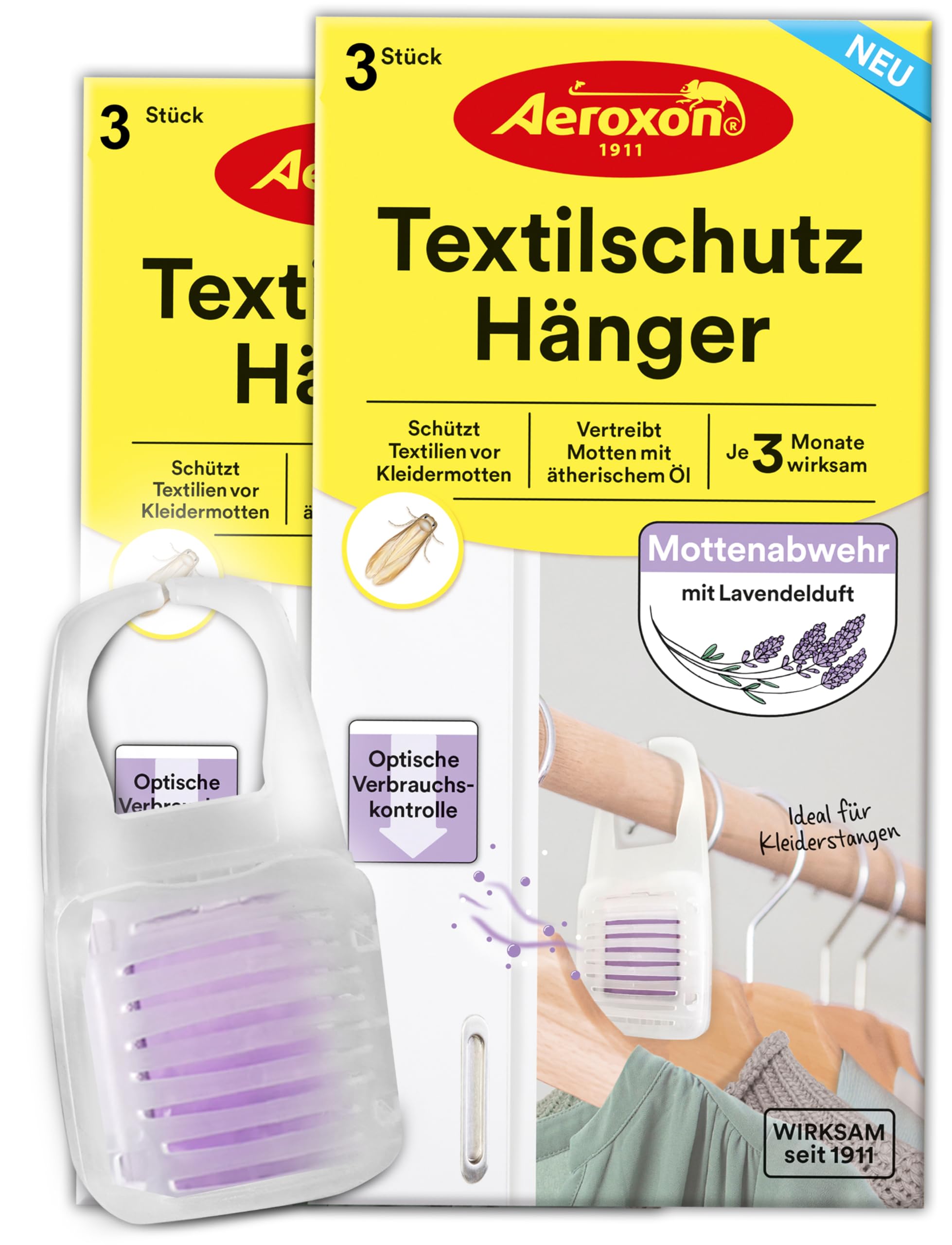 Aeroxon Mottenschutz für Kleiderschrank – 2x3 Textilschutz Hänger mit Lavendel Duft gegen Motten im Kleiderschrank, wirksamer Anti Motten Schutz gegen Kleidermotten bis zu 3 Monate