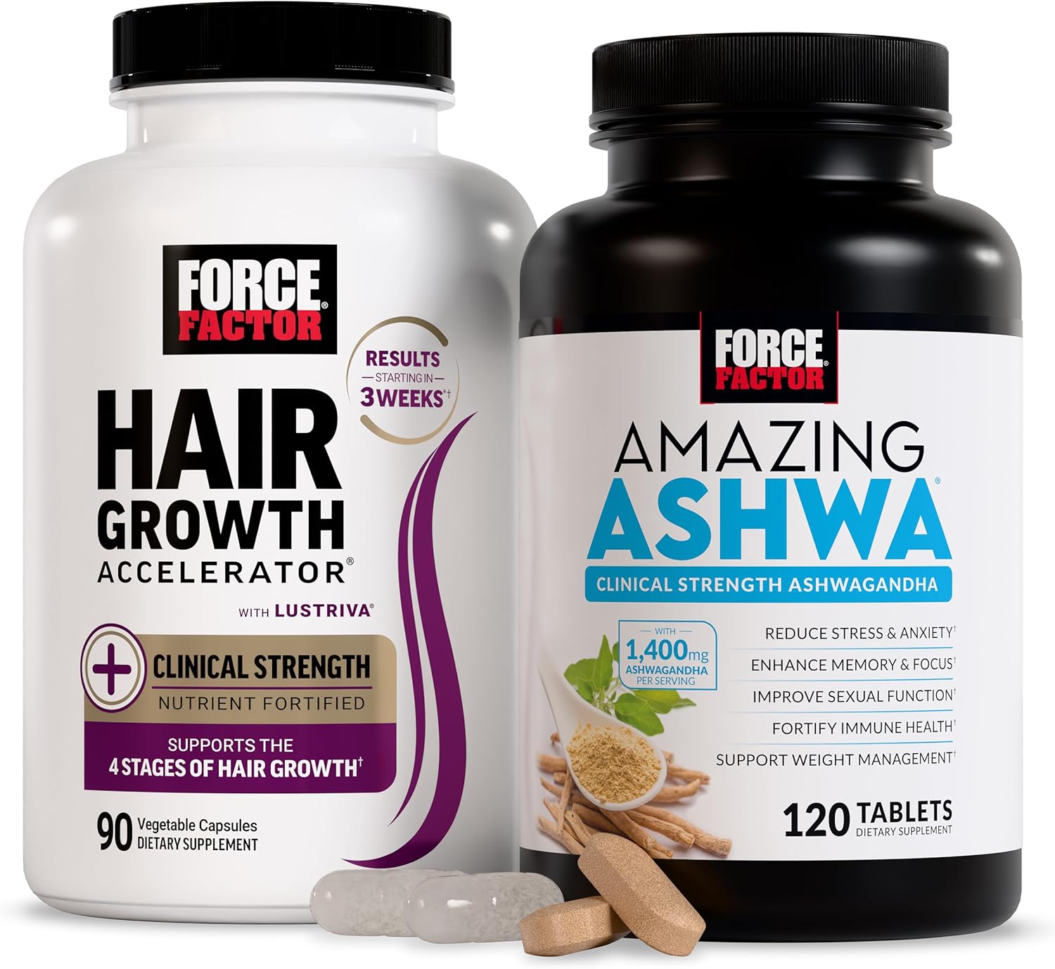 Force Factor Hair Growth Accelerator Capsules, Lustriva & Biotin to Promote Thicker, Stronger, Fuller Hair, 90ct + Amazing Ashwa Ashwagandha Supplement with KSM-66 Ashwagandha for Stress, 120 Tablets
