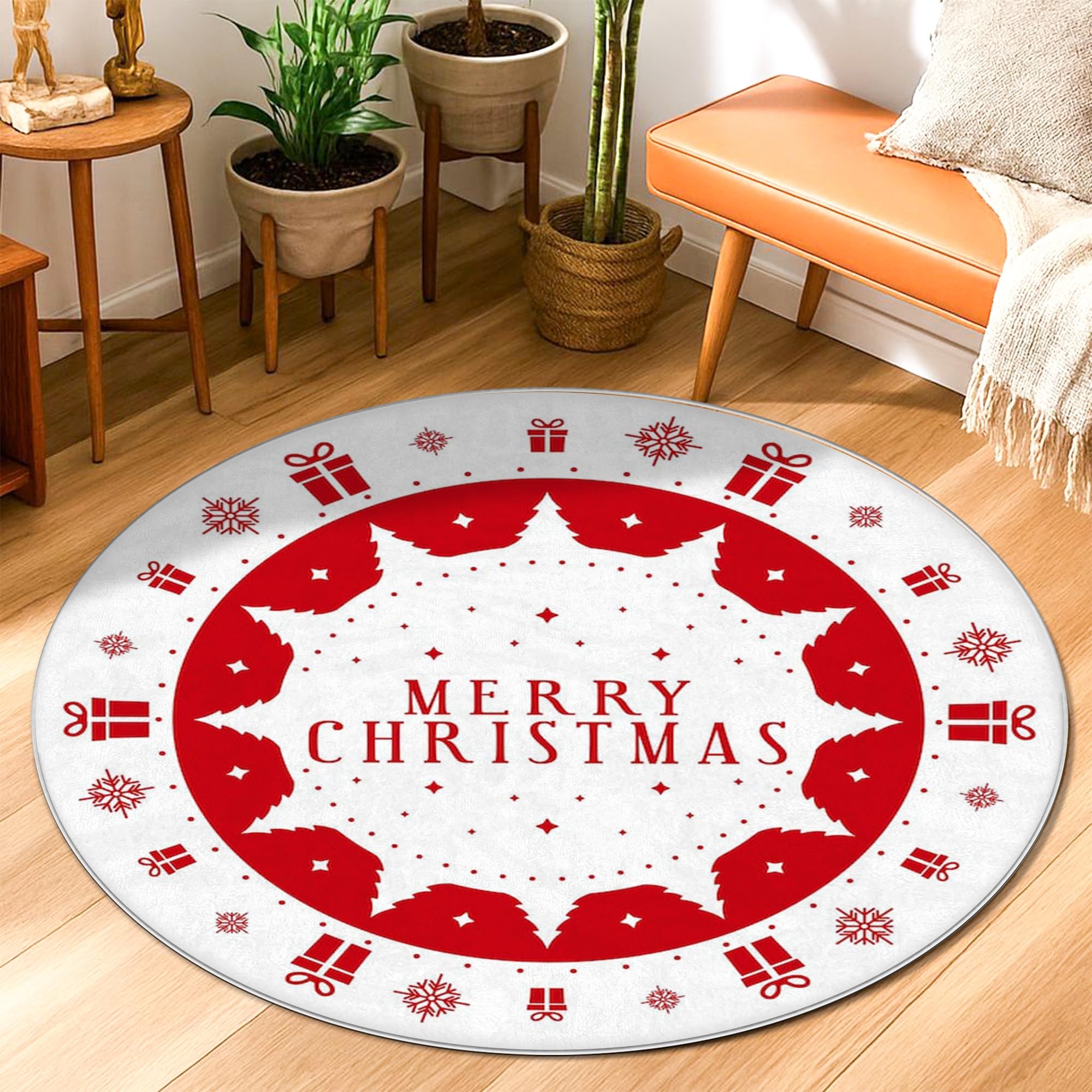 Tapis de Noël rouge rond de 0,9x0,9m avec motifs traditionnels de flocons