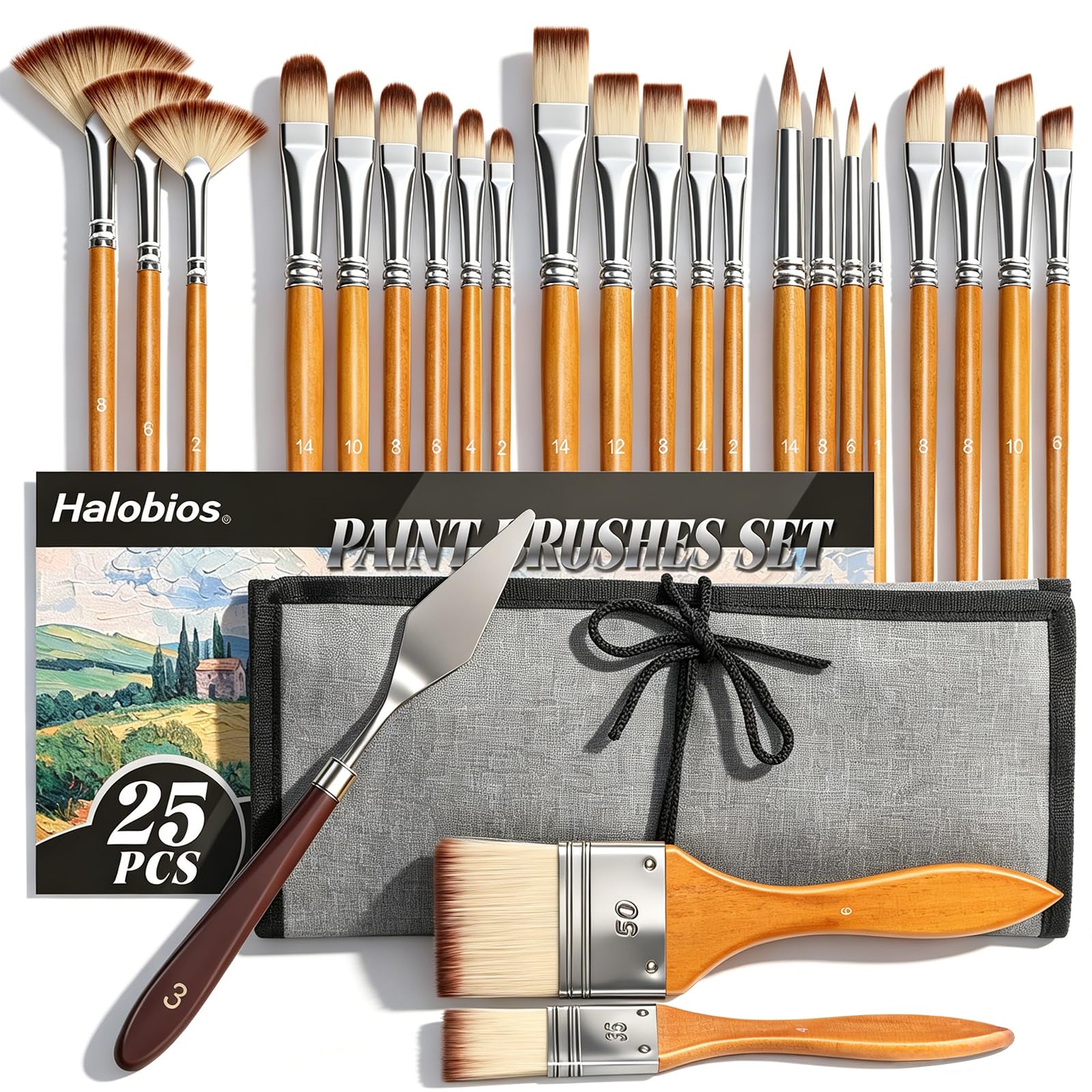 Halobios 25pcs Paint Brush Set, Professional Paint Brushes with Canvas Roll and Paintbrushes, Acrylic Paintbrush Kit for Artist,Watercolor,Oil,Gouache
