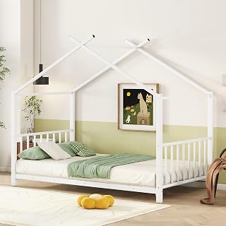 Twin Size Kids Montessori Floor Bed,Houe Bed Frame with High Headboard,Twin Floor Bed with Roof for Boys Girls,Floor Bed Metal Frame (White)