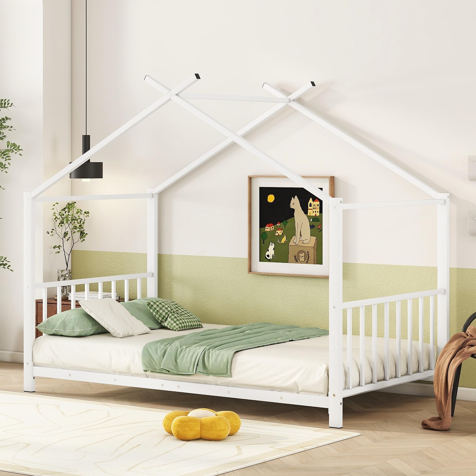 Twin Size Kids Montessori Floor Bed,House Bed Frame with High Headboard,Twin Floor Bed with Roof for Boys Girls,Floor Bed Metal Frame (White)