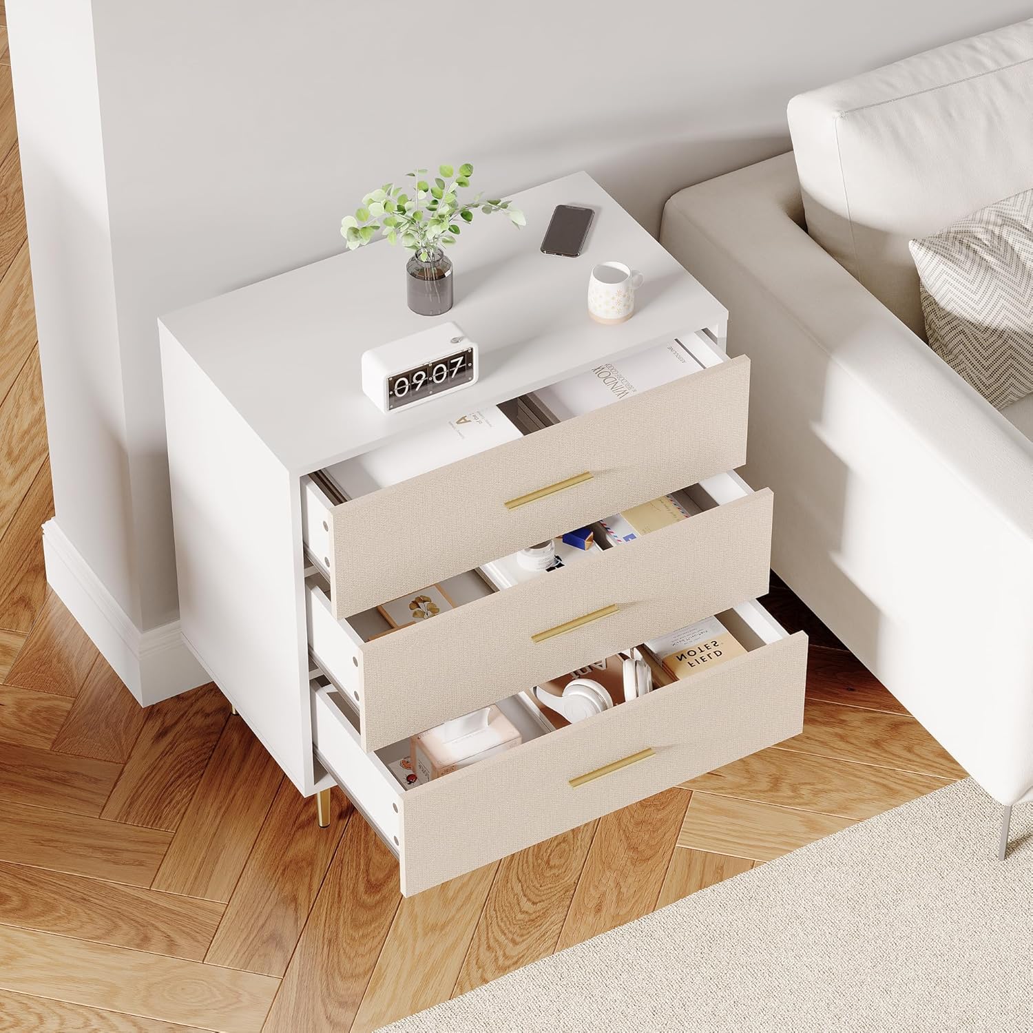 Elegant 3-Drawer White Dresser with Gold Handles and Legs, Wooden Nightstand with Linen-Textured Surface, Modern White Chest of Drawers, Narrow Accent Cabinet End Table for Living Room, Bedroom