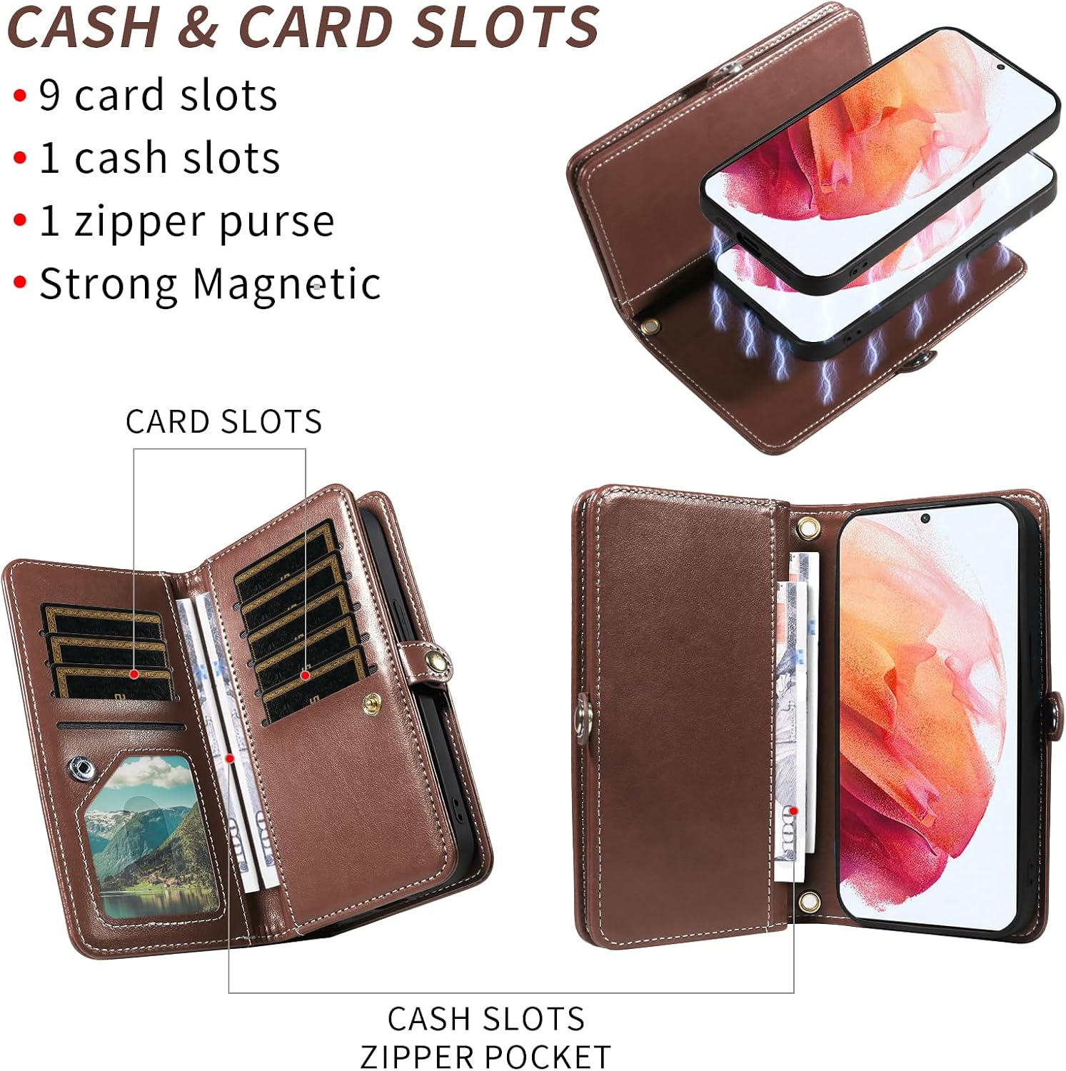 Asuwish Phone Case for Samsung Galaxy S21 5G 6.2 inch Zipper Wallet Detachable Cell Cover with Tempered Glass Screen Protector Wrist Strap Mandala Flower Credit Card Holder S 21 21S G5 Women Men Brown
