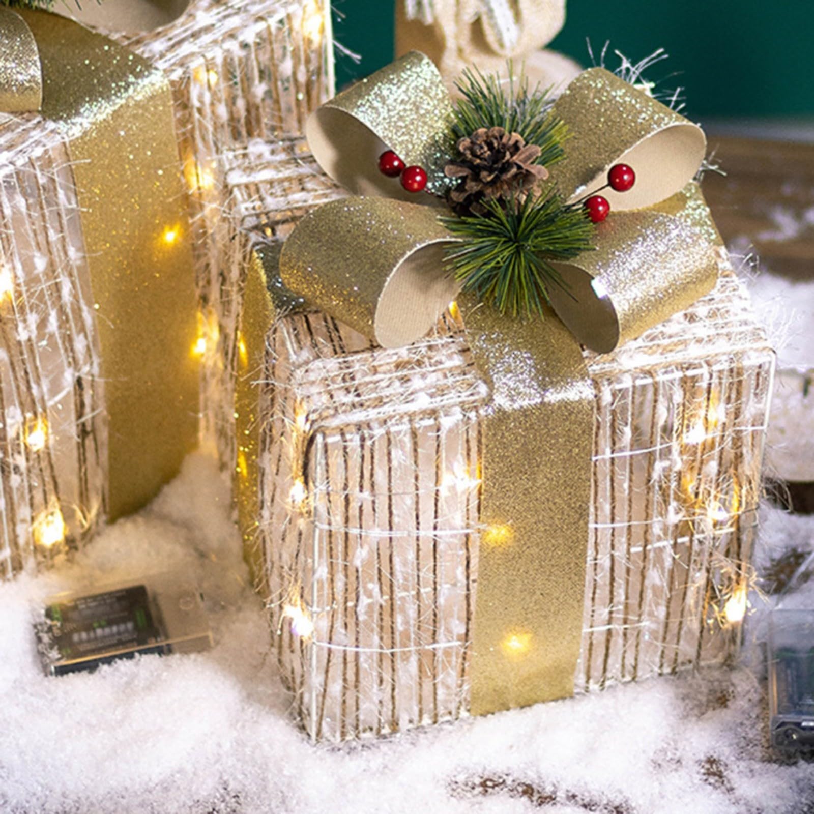 Set di 3 scatole natalizie illuminate, in peluche, decorazione regalo con timer, fiocco argentato, telaio in ferro battuto, per interni ed esterni (oro)