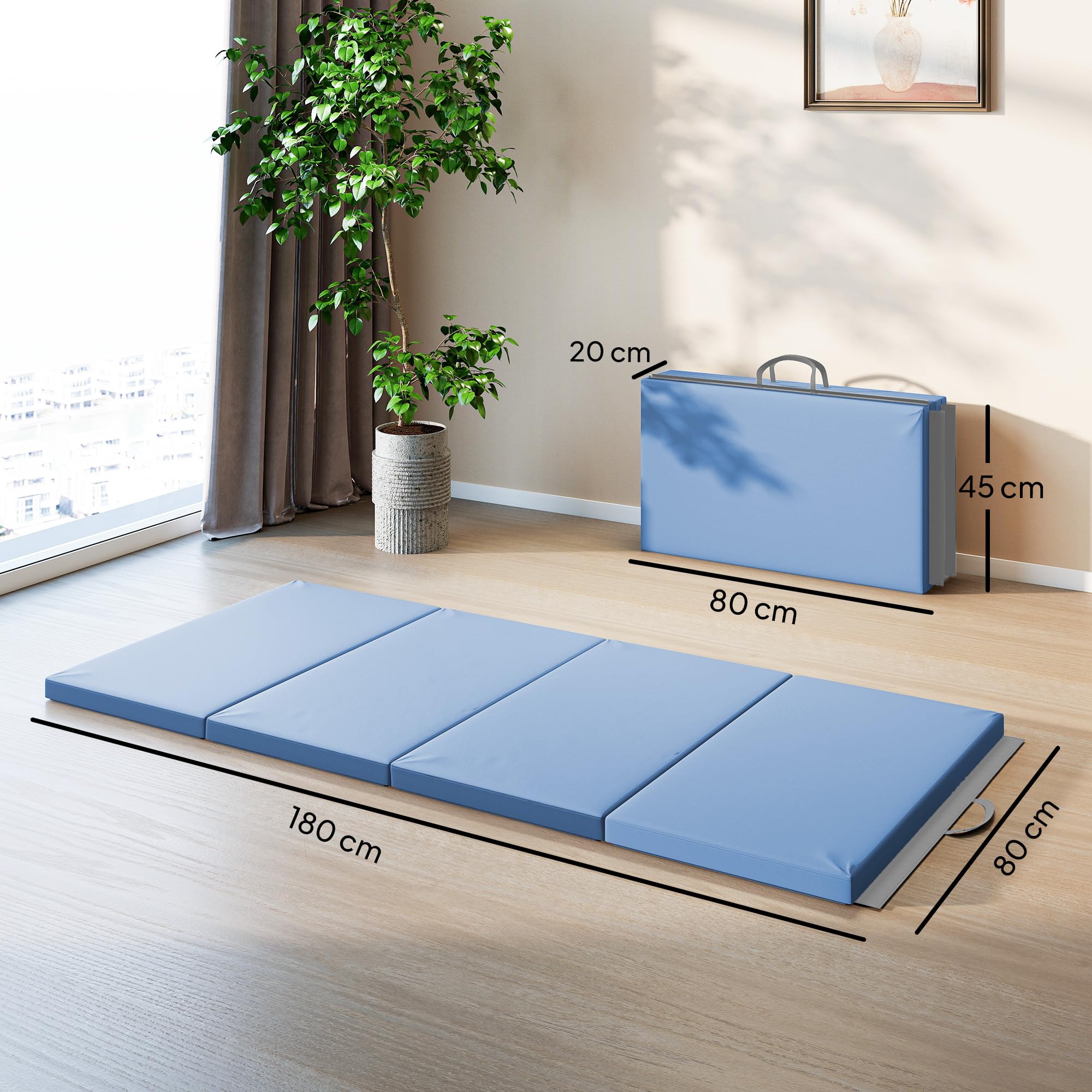 HOMCOM Tapis de gymnastique pliable, tapis gymnastique épais, avec poignée, tapis de sol pour yoga, mma, sport, fitness, pilates, revêtement synthétique, bleu clair