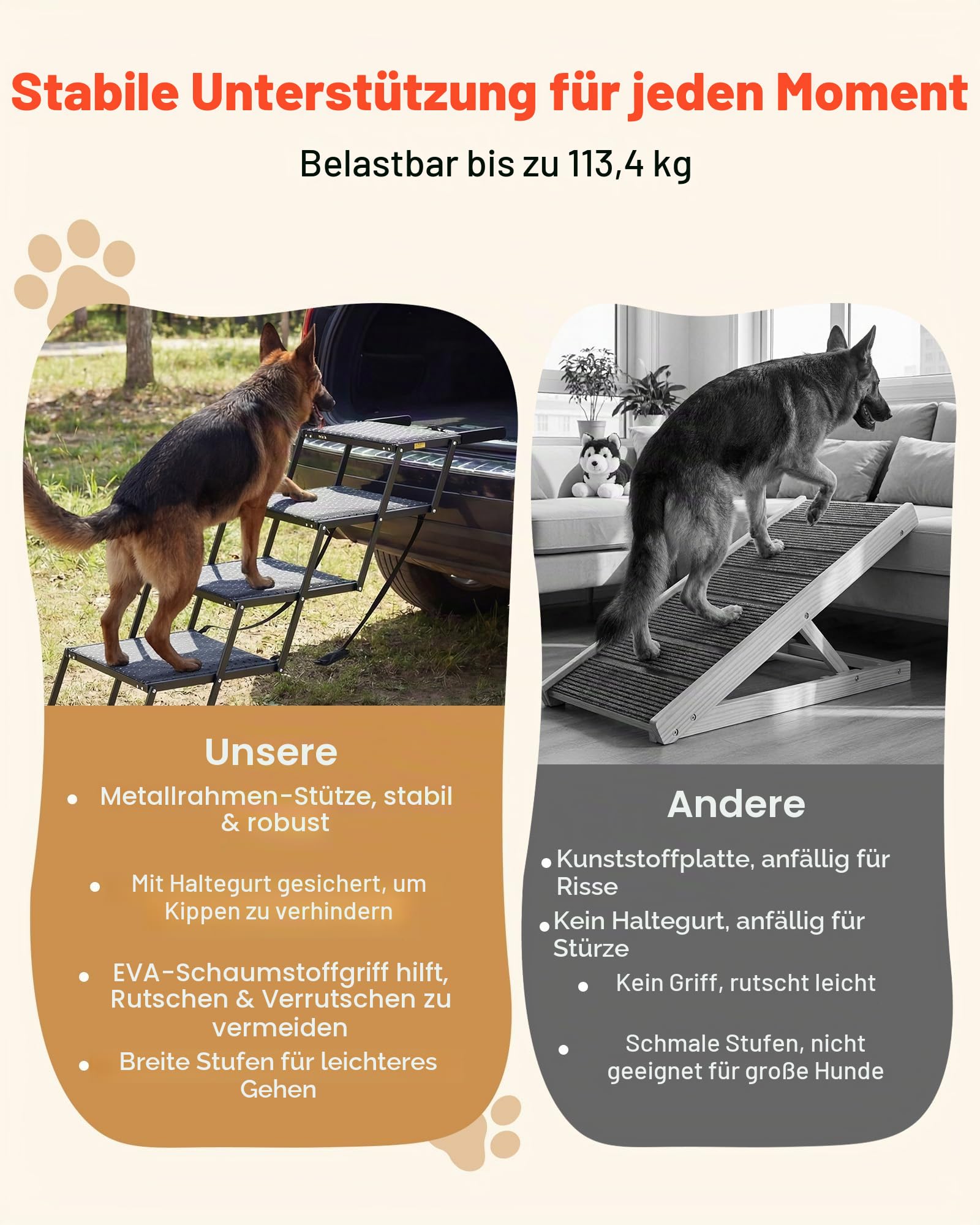 VEVOR Hundetreppe Auto Klappbar 4-Stufig, Extra Breite Hunderampe für Große Hunde mit Rutschfester Oberfläche, Tragbare Einstiegshilfe für Auto, SUV, LKW, Hochbett, Sofa, Tragkraft bis 113 kg