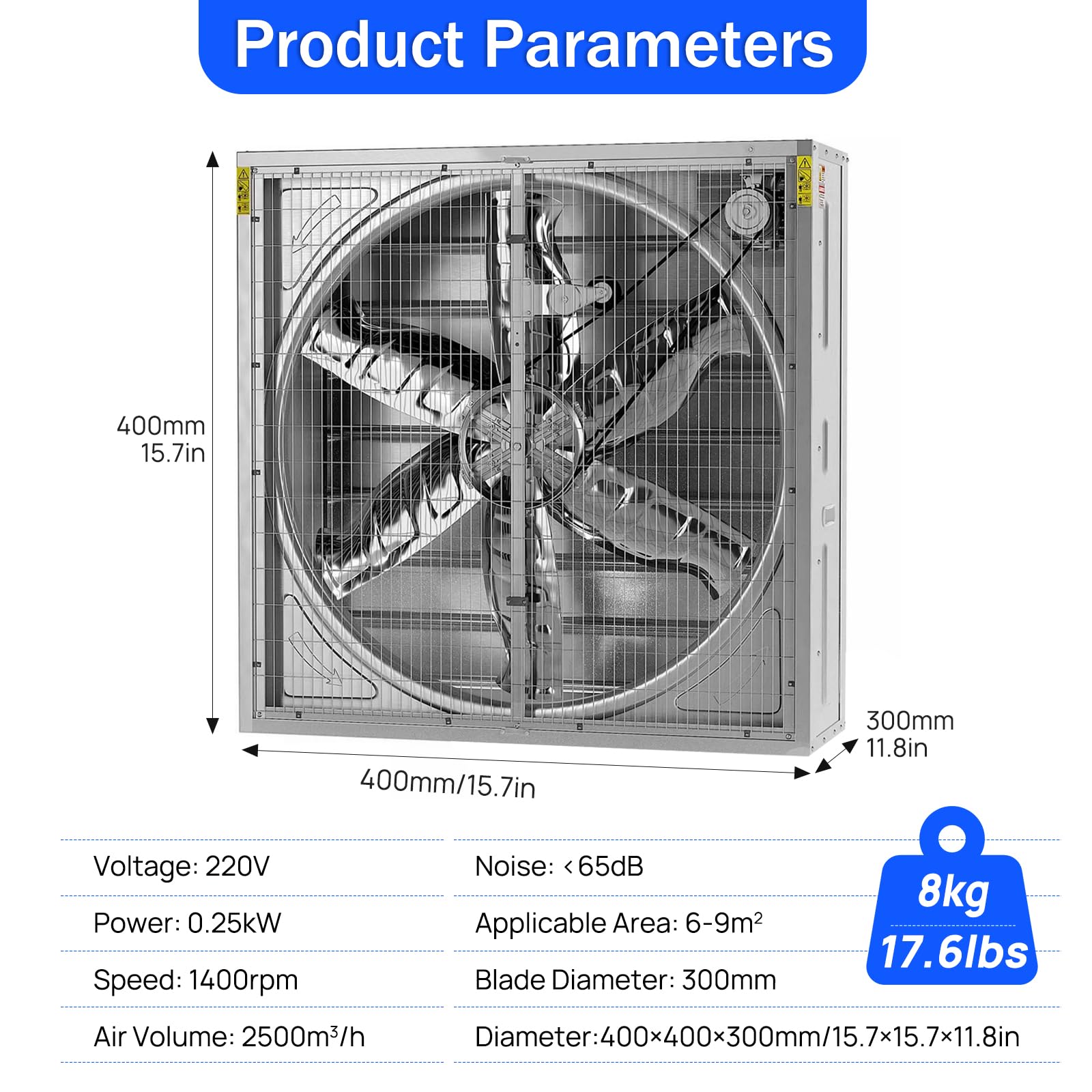 Abluftventilator, 400 mm, 4000W, 1400 U/min, 2500 CFM, 65 dB, 220 V, Zinkbeschichteter Eisen-Wandlüfter für Wandmontage, Belüftung und Kühlung für Räume von 2-10 m²
