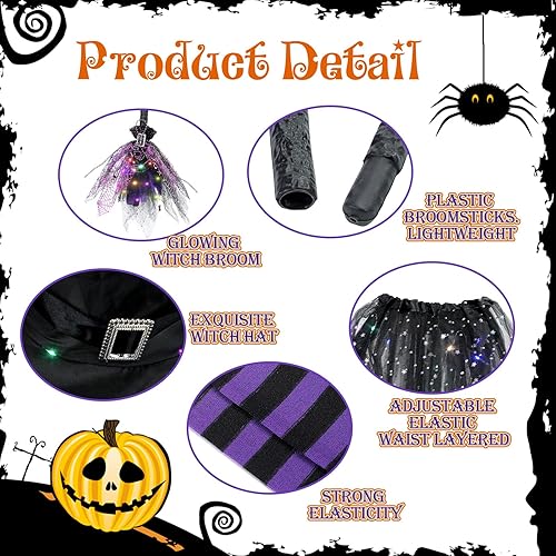 Miniatura 3 de Bonuci Juego de 6 piezas de disfraz de bruja para niños, falda tutú con luz LED, sombrero de bruja, guantes, escoba y medias a rayas, caldero para