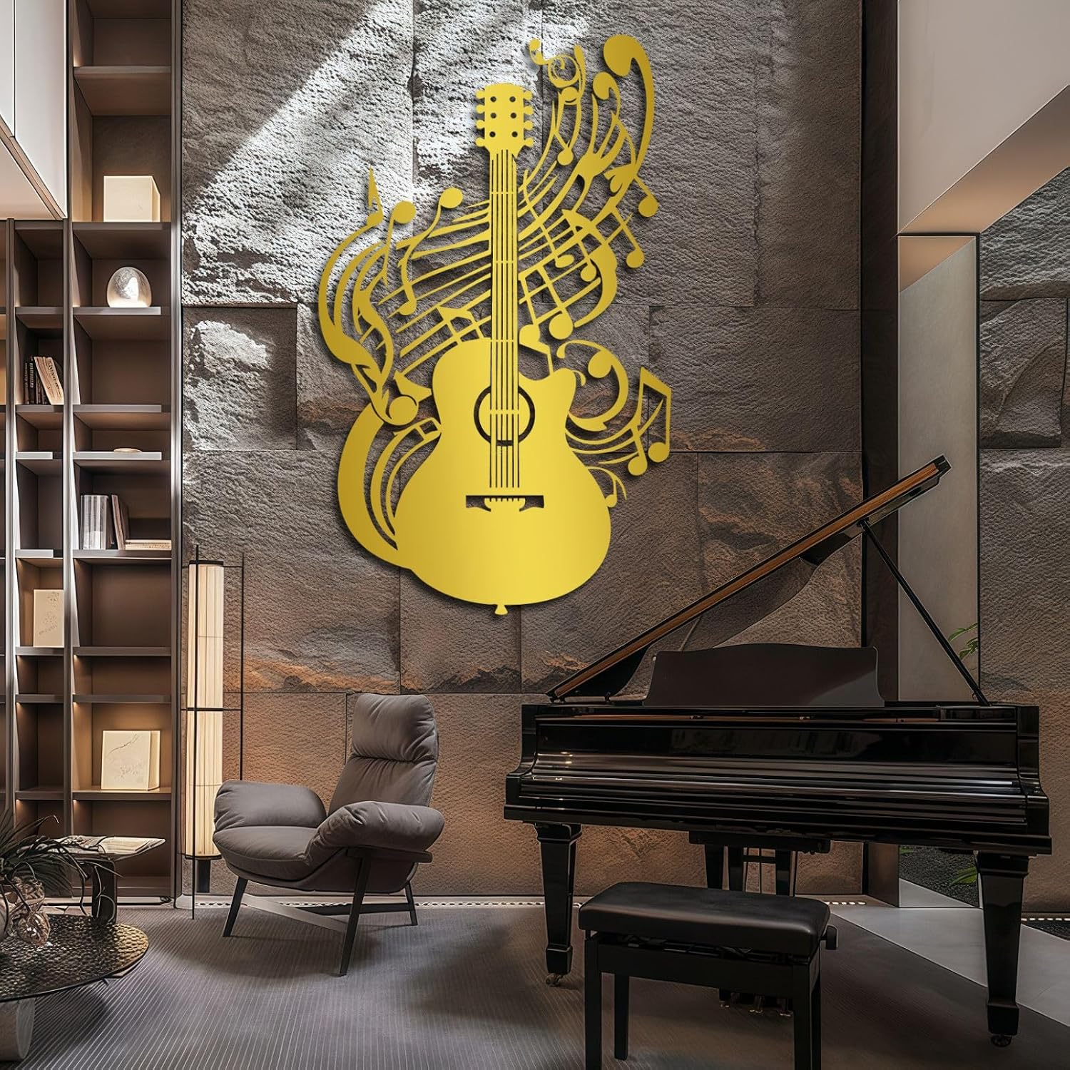 Guitar Metal Wall Art, Guitar Wall Decor, Musical Notes Wall Decor, Metal Music Wall Art for Living Room, Bedroom, Music Room (Gold,41"H x 25"W / 105x64cm)