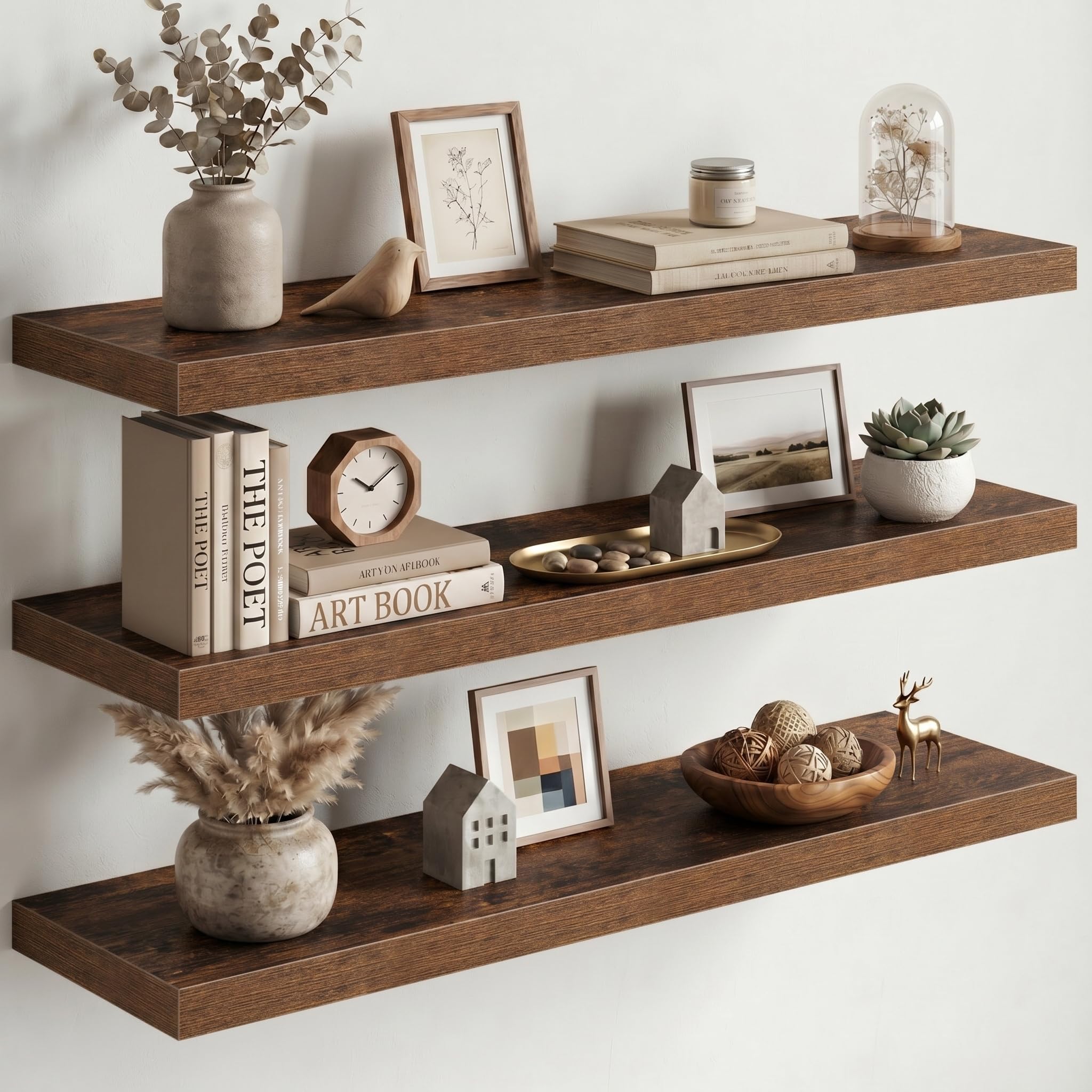 Fun Memories Floating Shelves for Wall, 3 Pack 36 Inch Long Floating Shelves, 36 x 10 Wooden Shelves for Wall, Large Storage Shelves, Hanging Shelves for Bathroom Bedroom Kitchen, Brown